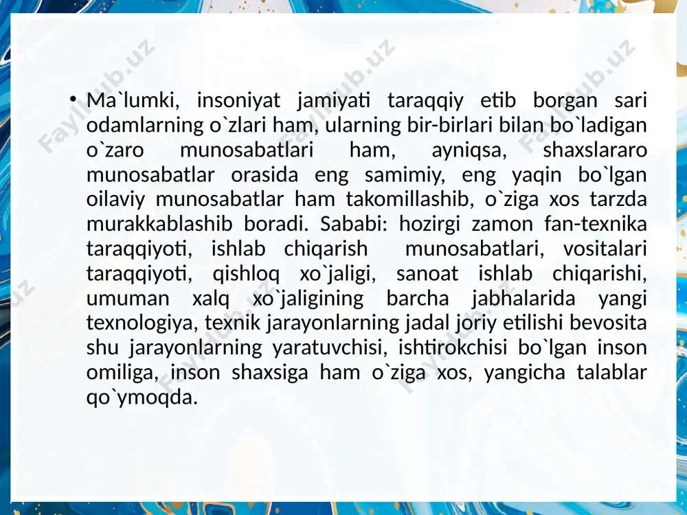 m surishi, mana shu muhitda dunyoga kelib, shaxs sifatida shakllanib, so`ng o`zi yashayotgan davlatning fuqarosi sifatida o`z davlatining iqtisodiyoti, ijtimoiy hayoti taraqqiyotini ta`minlovchi, hal qiluvchi omil bo`lgan inson kamolotida oilaning tutgan o`rni beqiyosdir. o`zbekiston respublikasi konstitutsiyasida oila oila jamiyatning asosiy bo`g`inidir, hamda jamiyat va davlat muhofazasida bo`lish huquqiga ega. o`zbekiston respublikasi konstitutsiyasi, 63-modda ayollar va erkaklar huquqlarining tengligi onalik va bolalik muhofazasi nikoh erkinligi nikohlangan shaxslarning teng huquqligi oilani muhofaza qilish konstitutsiyaning oilaviy munosabatlar sohasidagi tamoyillari nima sababdan biz ko`proq oila va unda yuz beradigan munosabatlarga e`tiborli bo`lamiz, nima sababdan oila maskanida o`zimizni yaxshi, baxtli his etsak, ishimiz ham yurishgandek, omadimiz chopgandek bo`ladi? chunki oila bizning hayotimizdagi eng aziz va muqaddas dargoh! faqat oilagina insonning baxtli bo`la olishi, o`zini kimlargadir kerakli his eta olishi yoki bo`lmasa o`zini ezilgan, omadsiz sezishiga sabab bo`la oladi. shuningdek, jamiyat taraqqiyotining kutilgan darajaga chiqa olmasligi, uning taraqqiyotiga to`sqinlik qiluvchi, uning inqiroziga olib keluvchi kuchlarning yuzaga …