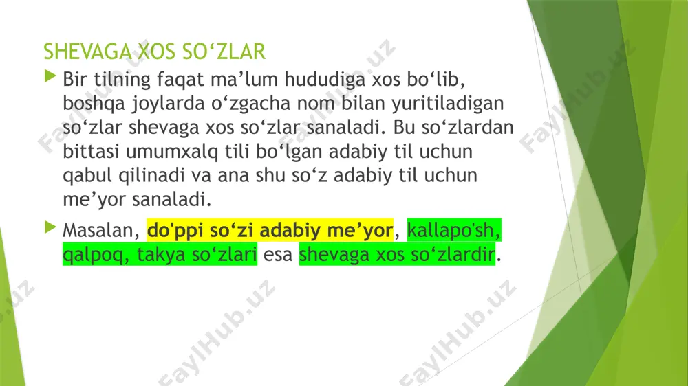 faol qo’llaniladi. masalan: toshkentda — dovuchcha, farg‘onada — g‘o‘ra; adabiy tilda — chumoli, samarqand, buxoroda — mo‘rcha, xorazmda — qarindja; adabiy tilda — tuxum, qipchoq shevalarida — mayak, xorazmda — yumirta. 558-mashq. gaplarni o‘qing. shevaga xos so‘zlarni aniqlab, ularni adabiy tildagi shakliga solishtiring. 1. uchakka chiquvdim ayni go’rmakka, ayning bahanasinda yorni go‘rmakka. (qo‘shiq) izohi: xorazmda: uchak — tom, ay — oy, go‘rmak — ko‘rmoq; tomga chiquvdim oyni ko’rmaqqa, oyning bahonasida yorni ko‘rmaqqa. (qo‘shiq) inakni o‘tlatgani dalaga olib ketdi. buxoroda: inak — sigir; sigirni o’tlatgani dalaga olib ketdi. bolalar daraxtga shoti qo‘yib, qushlar uchun in o‘rnatdilar. farg‘ona vodiysida: shoti — narvon. bolalar daraxtga narvon qo’yib qushlar uchun in o’rnatdilar savol va topshiriqlar 1. shevaga xos so‘zlar deb qanday so‘zlarga aytiladi? 2. shevaga xos so‘zlar qanday so‘zga qarama-qarshi qo‘yiladi? uyga vazifa: 559- mashq.o‘z shevangizdan misollar toping, ularni quyidagicha guruhlab, daftaringizga ko‘chirib yozing. uy ro’zg’or asboblari nomlar hayvon nomlari o’simlik nomlari lagan – …