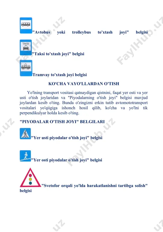 rakatlanish taqiqlanadi" belgisi svetoforishoralari (signallari) svetofor yoki yo ' l harakatini tartibga soluvchi yo ' l noziri borjoylarda ko ' chadan ishora ( signal ) bo ' yicha o ' ting . yo ' l harakatini tartibga soluvchi yoki svetofor yo ' q joyiarda yo ' ining qatnov qismini transportlarga xalal bermasdan , o ' zingizni erkin tutib , ikkilanmasdan kesib o ' ting . ikki tomonlama harakatlanish tashkil etilgan ko ' chani kesib o ' tishdan oldin to ' xtab , chapga qarang va transport vositasi bo ' lmasa , o ' tishni boshlang . yo ' ining o ' rtasiga borib , o ' ngga qarang . agar yaqin masofada transport vositasi bo ' lsa , xavfsiz joyda yoki ko ' chaning o ' rtasida kutib turing , yo ' l bo ' shagach harakatda davom eting "velosipedlarda harakat qilish" belgisi yo'lovchilar harakati" belgisi esingizda tuting! yo'ining transport …