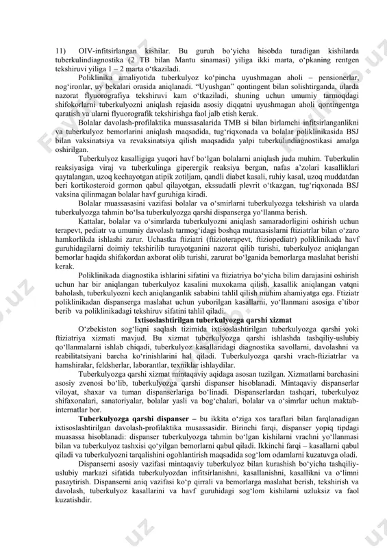 y-sanitar bo‘limlar va tibbiy xizmatni boshqa bo‘limlarini zaruriy vazifasi aholi o‘rtasidan tuberkulyoz kasallarini o‘z vaqtida aniqlashdir. tibbiyot xodimlarining asosiy vazifasi bo‘lib, shifokorlarga murojjaat qilgan bemorlarda tuberkulyozga tahmin tug‘diradigan shikoyatlar yoki simptomlar bo‘lsa, bemorlarni maqsadgi muvofiq holda tekshirishlar o‘tkazish yotadi. ko‘pgina bunday bemorlar terapevtik muassasalarga va bolalar tarmoqlarining qabuliga yoki davolanishga borishadi. ambulatoriya va shifoxonadagi katta yoshdagi bemorlarda tuberkulyozni aniqlash uchun bajarilishi kerak bo‘lgan diagnostik minimum ishlab chiqilgan. umumiy davolash tarmoqlarida tuberkulyozni aniqlashni tashqillashtirishda quyidagilarga katta e’tibor berish kerak: · tuberkulyozga birlamchi tekshirish barcha diagnostik va davolash-profilaktik muassasalarda o‘tkazilishi shart. · 3 xaftadan ortiq davom etayotgan balg‘amli yo‘talayotgan kishilarning hammasini balg‘amini kislotaga turg‘un mikobakteriyaga (ktm) barcha laborator tekshirish komponentlari bilan mikroskopik tekshirish kerak. · tuberkulyozga tahmin bo‘lganda yoki tuberkulyoz topilganda bemorga maxsus muassasa – tuberkulyozga qarshi dispanserga yo‘llanma berish kerak. tuberkulyozni erta aniqlash va uni profilaktika qilish maqsadida poliklinikadagi tuberkulyoz bilan kasallanishi yuqori bo‘lgan bemorlar qontingentini quyidagi guruhlarga ajratiladi: 1) o‘tkir …