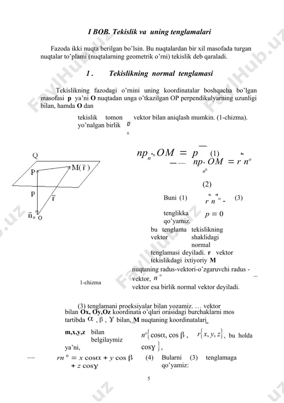 >y=0 tenglamaga bo’lsa (8) tenglama ax=0=>x=0 ko’rinishini 14. a=0, b=0, c=0 bo’lsa, (8) tenglamadan d=0 bo’lib,bu holda x,y,z o’zgaruvchilar orasida hech qanday munosabat (bog’lanish) bo’lmaydi. 3 . tekislikning har xil tenglamalari. 1. x  y  z  0 (16) ko’rinishdagi tenglama, tekislikning koordina o’qlaridan a b c ajratgan kesmalarga nisbatan tenglamasi deyiladi (12-chizma) 12-chizma 13-chizma 2. vektor shaklda berilgan n1r  d1  0 va n2r  d2  0 tekisliklar orasidagi (13- chizma) burchak: cos  n1  n2 (17) formula bilan aniqlanadi; bu yerda n  a ; b ;c ; n1  n2 n2  a2 ; b2 ;c2  1 1 1 1 3. umumiy ko’rinishda berilgan a1x+b1y+c1z+d1=0 va a2x+b2y+c2z+d2=0 tekisliklar orasidagi burchak (13-chizma): cos  (18) formula bilan aniqlanadi.a1  a2  b1  b2  c1  c2 a2  b 2  c 2  a2  b 2  c 2 …