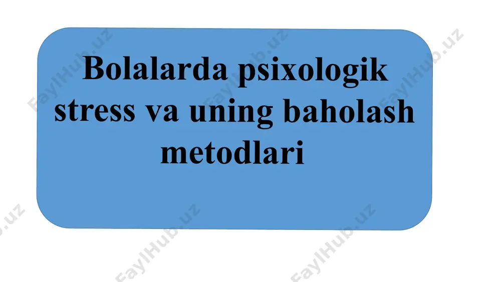 lar bilan munosabatlar ijtimoiy omillar, travmatik voqealar ham bolalarda stressning sababi bo'lishi mumkin. kambag'allik, diskriminatsiya, ijtimoiy izolyatsiya, baxtsiz hodisalar, tabiiy ofatlar va yaqin kishining o'limi bolaning ruhiyatiga og'ir ta'sir ko'rsatadi. 5 stressning bolalar organizmiga ta'siri jismoniy ta'sirlar bosh og'rig'i, qorin og'rig'i, uyqusizlik va immunitetning pasayishi stressning jismoniy ta'sirlari hisoblanadi. bu alomatlar bolaning umumiy salomatligiga ta'sir qiladi. emotsional ta'sirlar xavotirlik, qo'rquv, asabiylashish va depressiya stressning emotsional ta'sirlari hisoblanadi. bu his-tuyg'ular bolaning kayfiyatini buzadi va uning o'zini tutishiga ta'sir qiladi. xulq-atvorga ta'sirlar tajovuzkorlik, yolg'on gapirish. bu xatti-harakatlar bolaning ijtimoiy munosabatlariga zarar yetkazadi. uzoq muddatli ta'sirlar psixologik kasalliklarni keltirib chiqarishi va o'z joniga qasd qilishga urinishga sabab bo'lishi mumkin. shuning uchun stressni erta aniqlash va unga qarshi kurashish muhim. 6 bolalardagi stressni baholash usullari: kuzatuv xulq-atvordagi o'zgarishlar uyqu, ishtaha va o'yin faolligidagi o'zgarishlarni kuzatish orqali stressni aniqlash mumkin. bu o'zgarishlar bolaning emotsional holatini aks ettiradi. dmtt va uy sharoiti dmttda va uyda bolaning …