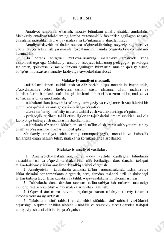xsi va uning tarbiyasiga bo’lgan intilishlarini kuchaytirish. 9. erkin va mustaqil fikrlovchi, o’z ustida muntazam ishlovchi shaxs bo’lish ko’nikmasini qaror toptirish. 10. xozirgi zamon uzluksiz ta’lim - tarbiya tizimidagi pedagogik faoliyatga ijodiy, tanqidiy yondashishni shakllantirish. 11. amaliyot ob’ektlaridagi o’qitishning yangi texnologiyasi bilan yaqindan tanishish. 12. talabalarga kasbga bo’lgan qiziqish va muhabbat sifatlarini shakllantirish. 13. amaliyotchi talabalarda kasbga qiziqishni va muhabbatni shakllantirish asosida pedagogik faoliyatga tadqiqotchilik va ijodiy yondoshishni qaror toptirish. malakaviy amaliyot jarayonida amaliyotchi – talabalarda shakllanadigan ko’nikmalar. 1. pedagogik texnologiyalardan samarali foydalanish. 2. o’quv-uslubiy ko’rgazmali jihozlarni har bir mavzu uchun tayyorlash zaruriyatini tushunish. 3. o’quvchilar bilan muntazam tarbiyaviy ishlarni olib borish. 4. sinf rahbari vazifalarini bajarishga tayyor bo’lish. 5. mavzuni boshqa fanlar bilan va mazkur fanda o’tilgan hamda o’tilishi lozim bo’lgan mavzular bilan bog’lash. 6. darsni jihozlash (texnik vositalar, ko’rgazmali jihozlar, jadvallar, tarqatma materiallar va hokazolar). 7. o’quvchilarda doimo erkin, mustaqil fikrlashni va mustaqil mulohaza yuritishni shakllantirish. malakaviy amaliyoti …