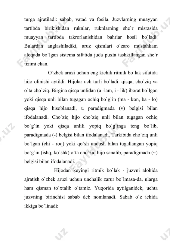 : mafoiylun / foilotun = muzori` foilotun / mustaf`ilun = xafif mustaf`ilun / foilotun = mujtass mustaf`ilun / maf`ulotu = munsarih maf`ulotu / mustaf`ilun = muqtazab faulun / mafoiylun = tavil foilotun / foilun = madid mustaf`ilun / foilun = basit v) ikkita bir xil va bir boshqa xil aslning takroridan hosil bo`luvchi bahrlar: mafoiylun / mafoiylun / foilotun = qarib foilotun / foilotun / mafoiylun = mushokil foilotun / foilotun / mustaf`ilun = g`arib mustaf`ilun / mustaf`ilun / maf`ulotu = sari` aytish kerakki, ko`rsatilgan bahrlar she`riyatimizda ishlatilishi, faolligi jihatidan bir-biridan sezilarli farqlanadi. jumladan, aruzshunos a.hojiahmedov ma`lumotiga ko`ra, ulardan 7 tasi ( vofir, muqtazab, madid, basit, qarib, mushokil, g`arib) o`zbek she`riyatida mutlaqo qo`llanilgan emas; mutadorik, komil va tavil bahrlaridan juda kam shoirlar foydalanganlar. qolgan 9 ta bahr (hazaj, ramal, rajaz, muzori`, xafif, mujtass, munsarih, sari`, mutaqorib) o`zbek she`riyatida faol qo`llanilgan. she`r misrasida bahrlardagi asllar o`zgarishsiz yoxud ma`lum o`zgarishga uchragan holda …
