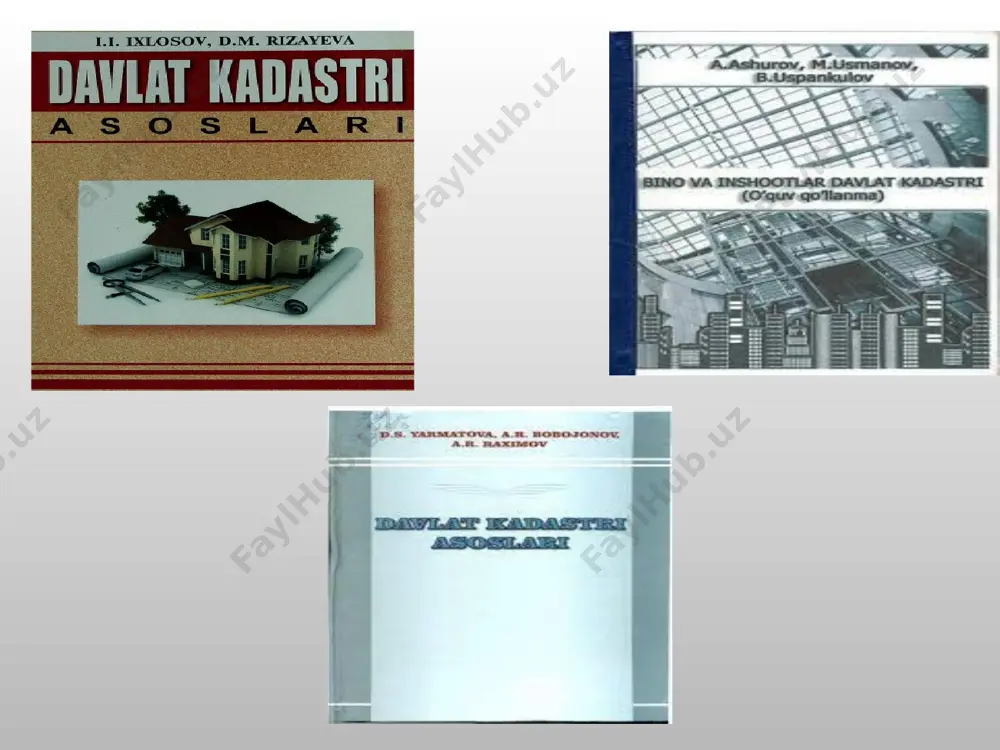 t kadastriga ma’lumotlar belgilangan tartibda ajratilgan yer uchastkasida ularning qurilishi tugallangandan keyin yoxud qonunchilik hujjatlarida nazarda tutilgan tartibda va shartlarda ular bo‘yicha bitimlar tuzilgandan keyin hisobga kiritiladi. qonunchilik hujjatlarida belgilangan holatlarda qurilishi tugallanmagan bino va inshootlar ham bino va inshootlar davlat kadastrida hisobga olinishi mumkin. binolar va inshootlar davlat kadastrini yuritishda axborot tizimida bino va inshootga mulk huquqi yoki boshqa ashyoviy huquqlar (ularning paydo bo‘lishi, boshqa shaxsga o‘tishi, cheklanishi va to‘xtatilishi) to‘g‘risidagi, shuningdek, obyektni tavsiflovchi boshqa ma’lumotlar qayd etiladi. maxfiylik rejimiga ega bo‘lgan binolar va inshootlar to‘g‘risidagi ma’lumotlarni shakllantirish va mazkur obyektlarni ro‘yxatdan o‘tkazish bo‘yicha ma’lumotlardan foydalanish shartlari qonunchilik hujjatlarida belgilanadi. binolar va inshootlar davlat kadastrini yuritishda davlat kadastriga oid kiritiladigan ma’lumotlarning tarkibi kadastr agentligi tomonidan nizomda ko‘rsatilgan minimal talablar asosida ishlab chiqiladi. binolar va inshootlar davlat kadastrini yuritishda davlat kadastriga oid kiritiladigan ma’lumotlar tarkibiga qo‘yiladigan minimal talablar 1. tartib raqam 2. subyekt haqida ma’lumot 2.1. yuridik shaxsning nomi yoki …