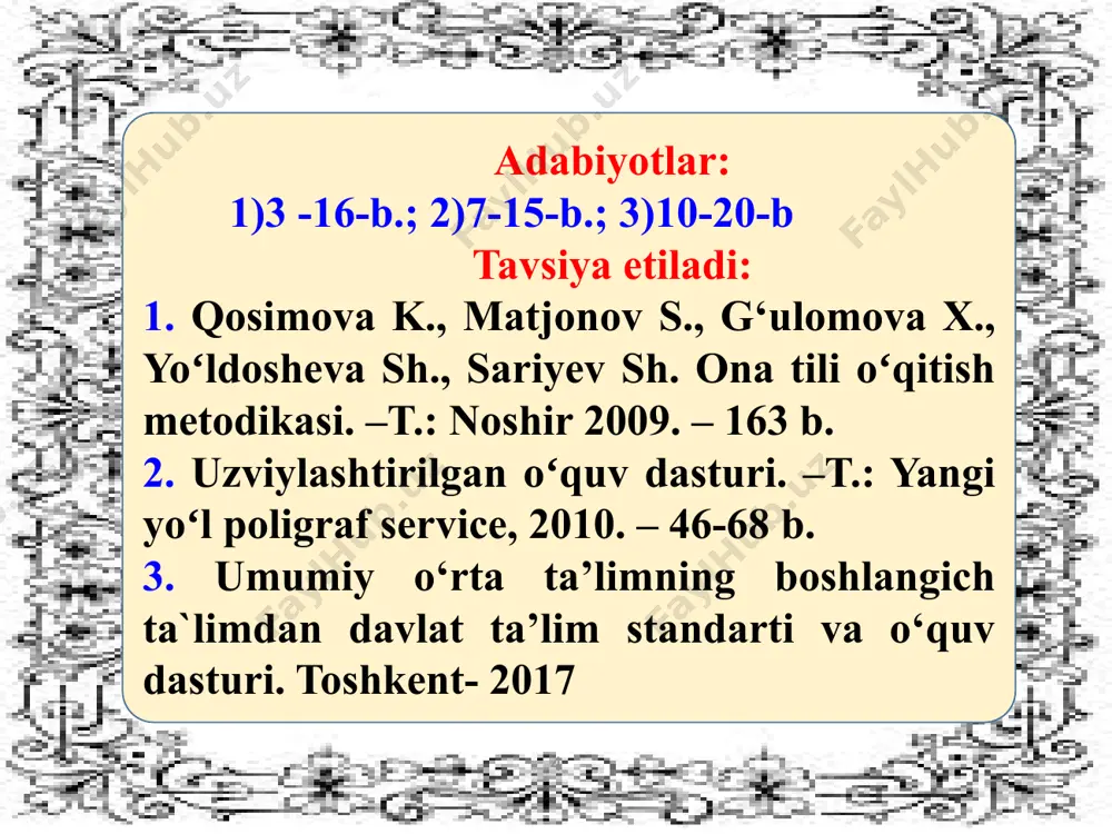 sh haqida o‘ylab o‘tirmay, so‘z va gaplarni yoza boshlaydi. demak, o‘qish va yozish malakasi harakatning o‘ylab o‘tirmay amalga oshirilish jarayonidir. malaka o‘qitishning keyingi bosqichlarida mustahkamlanib, avtomatlashish darajasiga etkaziladi. 5 o‘qish va yozish kishi nutq faoliyatining turi bo‘lib, u nutqqa oid malakadir. o‘qish malakasi ham, yozish malakasi ham nutq faoliyatining boshqa turlari bilan, ya’ni og‘zaki hikoya qilish, o‘zgalar nutqini eshitish orqali anglash, ichki nutq bilan uzviy bog‘liq holda shakllanadi. maktabda o‘qitishning muvaffaqiyati savod o‘rgatishning qanday tashkil etilganligiga bog‘liq. o‘quvchini savod o‘rgatish jarayonida elementar o‘qish va yozishga o‘rgatishda o‘quvchilarning faoliyat ko‘rsatishi va nutq faoliyatiga kirishishlari uchun talab bo‘lishi, o‘z fikrini og‘zaki yoki yozma ifodalashi uchun zaruriyat va ehtiyojni yuzaga keltiruvchi vaziyat yaratilishi lozim. 12 o‘qish va yozish malakasi biri ikkinchisining muvaffaqiyatli amalga oshuvini ta’minlaydi. shuning uchun ham o‘qishga o‘rgatish bilan yozuvga o‘rgatish parallel olib boriladi va bu faoliyat muntazam ravishda mashq qildiriladi. shunday ekan, savod o‘rgatish jarayonida bola juda ko‘p o‘qishi va …