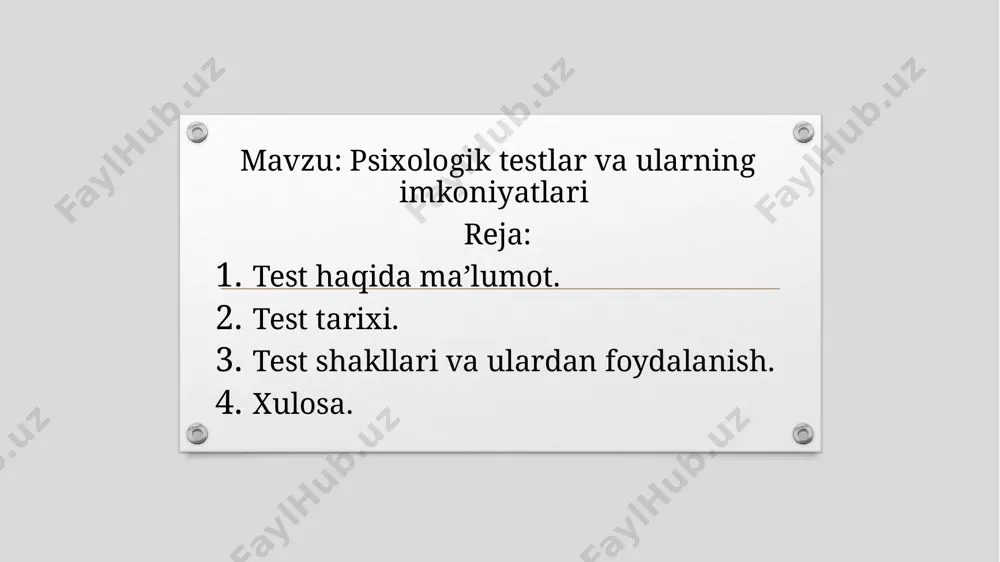 rta 1864 yilda buyuk britaniyada j.fisher tomonidan talabalarning bilim darajasini tekshirish uchun qo’llanilgan. test sinovlarining nazariy asoslarini keyinchalik ingliz psixologi f.gamelton ishlab chiqdi. test sinovlari dastlab psixologiya fani doirasida rivojlandi. xx asr boshida esa test sinovlarini ishlab chiqishda psixologik va pedagogik yo’nalishlar bir-biridan mustaqil ajrala boshladi. pedagogik test sinovlari birinchi marta amerikalik psixolog e torndayk tomonidan yaratilgan. psixologiya va pedagogikada test sinovlarining rivojlanishi matematik uslublar ham qo’llashni taqozo qildi. bunday uslublar o’z navbatida testlarni ishlab chiqishga ijobiy ta`sir ko’rsatdi. xix asr oxiri xx asr boshlarida test sinovlariga talabalarning o’quv qobiliyatlarini baholash vositasi sifatida qarash ancha kuchaydi. aynan shu davrdan boshlab test sinovlari ikki asosiy yo’nalish: aqliy (intellektual) rivojlanish darajasini aniqlash testlarini yaratish va qo’llash hamda talabalarning o’qish qobiliyatlarini va bilimlarini baholashga mo’ljallangan pedagogik testlarni yaratish va ulardan foydalanish sohalari rivojlana boshladi. test tuzuvchilar turli odamlarda ta`sirga javob berish vaqti bir xil emasligini aniqladilar, bu esa odamlarning aqliy qobiliyatlarini o’rganish zarurligi …