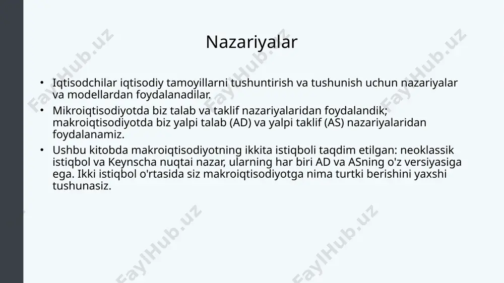 mahalliy mehnat va xorijdagi biznes tomonidan ishlab chiqarilgan narsalarni o'z ichiga oladi. faqat mamlakat chegaralarida ishlab chiqarilgan mahsulotlarni o'z ichiga oladi mahalliy biznes va chet elda ishchi kuchi tomonidan ishlab chiqarilgan narsalarni qo'shadi xorijiy ishchi kuchi va mamlakatda joylashgan korxonalar tomonidan boshqa mamlakatlarga yuborilgan har qanday toʻlovlarni chegirib tashlaydi xorijiy korxonalar mahsuloti shet ellardagi milliy korxonalar mahsuloti milliy korxonalar mahsuloti 10 trln. so'm 6 trln. so'm 50 trln. so'm mamlakat ishidagi ishlab shiqarish m1 m3 m2 yaim yamm yaim=10+50=60 yamm=50+6=56 13 yamm va yaim o'rtasidagi tarkibiy nisbatlar sof milliy mahsulot sof milliy mahsulot (nnp) : yaim minus amortizatsiya amortizatsiya : kapitalning qarishi va qiymatini yo'qotish jarayoni milliy daromad : korxonalar va jismoniy shaxslarning barcha daromadlari shaxsiy daromad : jismoniy shaxslar tomonidan olinadigan daromad sof milliy mahsulot (nnp) yaimni hisobga olgan holda hisoblab chiqiladi, so'ngra bir yil davomida qancha jismoniy kapital eskirganligi yoki qarishi tufayli qiymati kamayganligi qiymatini ayirish orqali amalga …