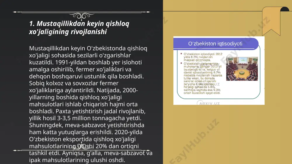 'ati 12% ni tashkil qildi. agrosanoat majmualari loyihalari uchun davlat subsidiyalari va kredit resurslari ajratilib, ulardan samarali foydalanish muhimdir. oqartish va saqlash vositalarini takomillashtirish loyihalari amalda. ... t.me/slaydai_bot suv resurslaridan foydalanish va irrigatsiya tizimlari o‘zbekistonda qishloq xo‘jaligining rivojlanishi uchun muhimdir. respublikada mavjud suv resurslari qariyb 60 mlrd kub metr miqdorida baholanadi. bu suvlarning 85% qishloq xo‘jaligida, ayniqsa paxta va g‘alla ishlab chiqarishda ishlatiladi. mamlakatning sug'oriladigan yer maydoni qariyb 4,3 mln gektarni tashkil etadi. irrigatsiya tizimlari orqali suvning samarali tarqatilishi yillar davomida takomillashtirilmoqda. 2020-yilda yevropa ittifoqi va osiyo taraqqiyot banki ko‘magida suv tejovchi texnologiyalarni joriy qilish uchun 1 mlrd dollar ajratildi. bu loyiha suv resurslaridan foydalanishni 20% ga optimallashtirishni maqsad qilgan. ... t.me/slaydai_bot 7. kichik va o'rta fermer xo'jaliklarining rivojlanishi kichik va o'rta fermer xo'jaliklari qishloq xo'jaligida muhim rol o'ynaydi. o'zbekistonda ularga 60% dan ortiq qishloq xo'jaligi mahsulotlarini ishlab chiqarish to'g'ri keladi. 2022-yilda kichik va o'rta fermer xo'jaliklari soni 52 mingdan …