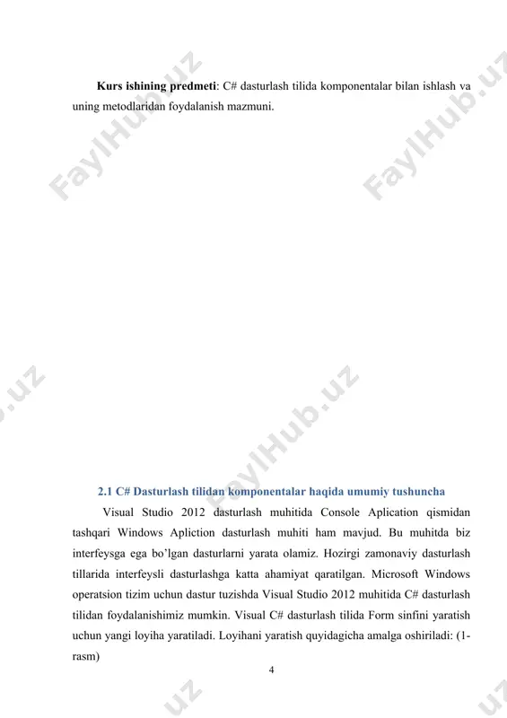 a o’tganimizda, button1 nomi bilan emas, balki uning yangi qo’yilgan nomidan foydalanishimiz mumkin. button komponentasining hodisalari click – qachonki sichqoncha tugmasi bosilganda hodisa sodir bo’lishi. enter – agarda tugmacha faol holatga o’tgan bo’lsa, u holda kiritish tugmasini bosishda sodir bo’luvchi hodisa. keypress – ushbu hodisada klaviaturani imkonini cheklashda foydalanish mumkin. ya’ni kerakli klavishlarni faol qilib, qolganlarini ishlatmasdan qoldirish mumkin. label komponentasi label komponentasi (metka) windows forms palitra komponentalari ro’yxatida joylashgan. ushbu componenta ekranga siz yozgan matn yoki joylagan rasmingizni namoyish etadi, qachonki dastur ishga tushgan payti dastur foydalanuvchisi joylangan ma’lumotni tahlil qila olmaydi. shrift o‘lchаmi аvtоmаtik tаrzdа sоhаning mаksimаl to‘ldirilishigа mоs kеlishi uchun, autosize хususiyatining true qiymаtini o‘rnаting. label yordamida matnni ko’rsatish contextmentstrip komponentasi contextmentstrip komponentasi windows forms komponentalar panelida joylashgan. bu komponenta boshqa istalgan komponenta bilan bog’lana olishi mumkin. form oynasiga joylashtirilgan istalgan komponentaning xossasiga e’tibor qaratilsa, contextmenustrip nomini uchratish mumkin. agarda form oynasiga contextmenustrip joylashtirilib, unga buyruqlar yoziladigan …