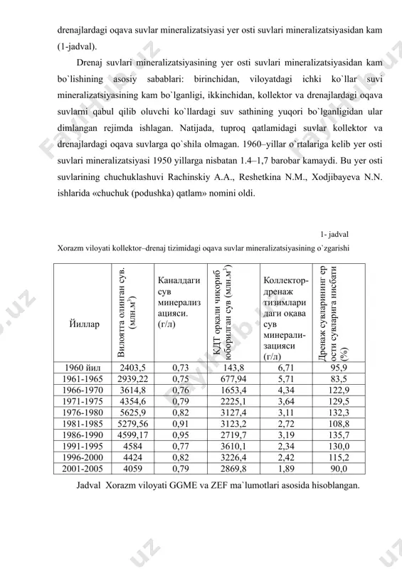 i. 1960 yillar o`rtalarigacha bo`lgan davrda viloyat ichki ko`llar va pastliklarda to`plangan suv sathini pasaytirish maqsadida sug`oriladigan yerlar oralig`idagi va atroflaridagi ko`llarni tutashtirivchi kollektor qurildi. bu davrda kollektor va drenajlardagi oqava suvlar mineralizatsiyasi yer osti suvlari mineralizatsiyasidan kam (1-jadval). drenaj suvlari mineralizatsiyasining yer osti suvlari mineralizatsiyasidan kam bo`lishining asosiy sabablari: birinchidan, viloyatdagi ichki ko`llar suvi mineralizatsiyasining kam bo`lganligi, ikkinchidan, kollektor va drenajlardagi oqava suvlarni qabul qilib oluvchi ko`llardagi suv sathining yuqori bo`lganligidan ular dimlangan rejimda ishlagan. natijada, tuproq qatlamidagi suvlar kollektor va drenajlardagi oqava suvlarga qo`shila olmagan. 1960–yillar o`rtalariga kelib yer osti suvlari mineralizatsiyasi 1950 yillarga nisbatan 1.4–1,7 barobar kamaydi. bu yer osti suvlarining chuchuklashuvi rachinskiy a.a., reshetkina n.m., xodjibayeva n.n. ishlarida «chuchuk (podushka) qatlam» nomini oldi. 1- jadval xorazm viloyati kollektor–drenaj tizimidagi oqava suvlar mineralizatsiyasining o`zgarishi йиллар вилоятга олинган сув. (млн.м3) каналдаги сув минерализацияси. (г/л) кдт орқали чиқориб юборилган сув (млн.м3) коллектор-дренаж тизимларидаги оқава сув минерали-зацияси (г/л) дренаж сувларининг …