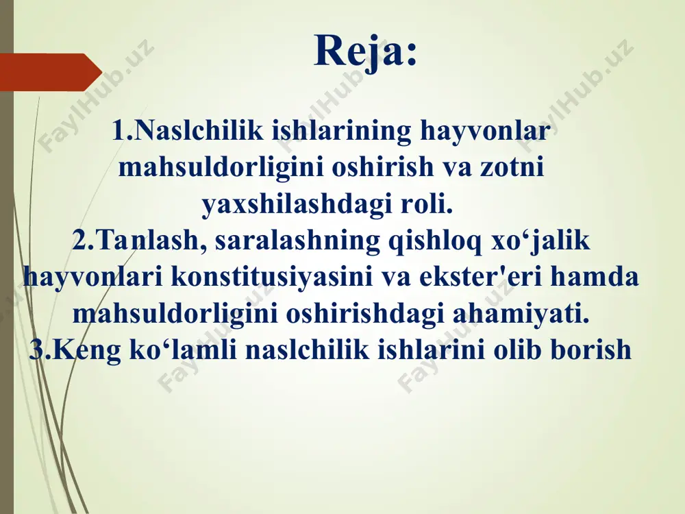 ongsiz tanlash. ongli-uslubiy tanlash. mollarni tanlab olishdagi belgilar bir xil qiymatda ega emas. ular ikki guruhga ajratiladi. birinchi sifat belgilari – teri va jun qoplamining rangi, molning tusi, oyoqlari shakli, shoxsizligi va boshqalar. ikkinchisi son belgilari – sog‘im miqdori, sut tarkibidagi yog‘ va oqsil miqdori, tirik vazni va boshqalar. qoramol zotlarini takomillashtirishda seleksiya ishlari asosan son belgilari bo‘yicha olib boriladi. mollarni tanlashda belgilarni kam bo‘lishi maqsadga muvofiqdir. bir belgi bo‘yicha qisqa muddatda ijobiy natijaga erishish mumkin. tanlash va saralash ishlarini to‘g‘ri tashkil etish chorva hayvonlarining mahsuldorligini oshirishda juda katta ahamiyatga egadir. tanlashning ikki xil usuli bor, ya'ni yalpi tanlash hamda alohida (indvidual) tanlash. yalpi tanlashda - hayvonlar shaxsiy xususiyatlariga, fenotipiga (rivojlanishi, ekster'eri konstitusiyasi, mahsuldorligiga) qarab tanlanadi. shuningdek, yalpi tanlashda hayvonlarning mahsuldorligidan tashqari konstitusiyasi va ekster'eriga ham ko‘proq e'tibor berish kerak. alohida (indvidual) tanlashda - fenotip bo‘yicha tanlashdan tashqari, hayvonlarning genotipik xususiyatlar ya'ni o‘zidagi hamma qimmatli sifatlarini avloddan avlodga bera olish …