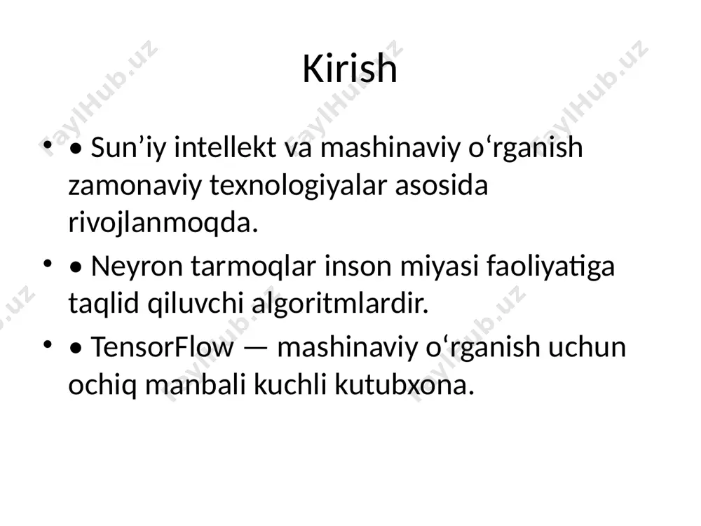 to‘g‘ri javoblar (label’lar, ya’ni 0–9 oraliqdagi raqamlar). x_test – test uchun tasvirlar (10,000 dona). y_test – test uchun to‘g‘ri javoblar. kod: model yaratish model = tf.keras.models.sequential([ tf.keras.layers.flatten(input_shape=(28, 28)), tf.keras.layers.dense(128, activation='relu'), tf.keras.layers.dense(10,activation='softmax') ]) natijasi: bu model — oddiy lekin samarali neyron tarmoq bo‘lib, mnist kabi tasvirlarni tanib olish uchun ishlatiladi. uning tuzilishi: kirish: 28x28 o‘lchamli tasvir yassi vektor: 784 o‘lchamli yashirin qatlam: 128 neyron + relu chiqish: 10 neyron + softmax (ehtimolliklar) kod: kompilyatsiya va trening model.compile(optimizer='adam', loss='sparse_categorical_crossentropy', metrics=['accuracy']) model.fit(x_train, y_train, epochs=5) kod: natijalarni baholash test_loss, test_acc = model.evaluate(x_test, y_test) print('test aniqligi:', test_acc) trening natijalari • trening va test aniqligi: ~0.98 • model yaxshi konvergentsiya qildi va yuqori natijaga erishdi. • grafik orqali aniqlik va yo‘qotish ko‘rsatkichlari vizual tahlil qilinadi. # 1. kutubxonalarni chaqirish import tensorflow as tf from tensorflow.keras.datasets import mnist # 2. mnist ma'lumotlarini yuklash va normalizatsiya qilish (x_train, y_train), (x_test, y_test) = mnist.load_data() x_train, x_test = x_train / …