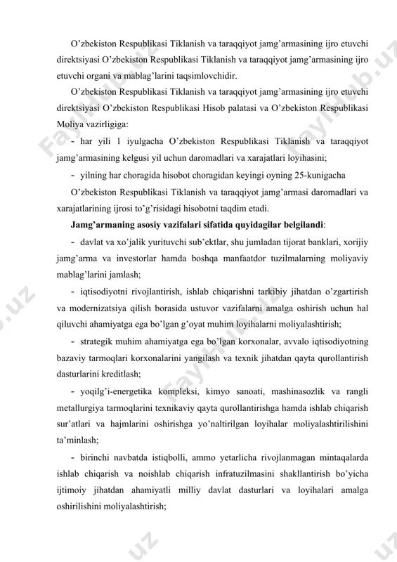 rt yo’laklari va jahon bozorlariga eng qisqa yo’l bilan chiqishini ta’minlaydigan transport hamda telekommunikatsiyalar infratuzilmasini modernizatsiyalash va rivojlantirishni moliyalashtirish; · xalqaro moliya institutlari, respublika va xorijiy mamlakatlarning kredit muassasalari bilan loyihalarning qo’shma moliyalashtirilishini tashkil etishni ta’minlash. o’zbekistonrespublikasitiklanishvataraqqiyotjamg’armasining daromadlari. o’zbekiston respublikasi tiklanish va taraqqiyot jamg’armasining daromadlari: · asosiy makroiqtisodiy ko’rsatkichlar prognozi va davlat budjeti parametrlarini tasdiqlashda o’zbekiston respublikasi prezidenti qarorlari bilan strategik resurslarga belgilanadigan chegara narxidan jahon narxining oshishi natijasida tushadigan tushumlar; · o’zbekiston respublikasi tiklanish va taraqqiyot jamg’armasining aktivlarini boshqarishdan, shu jumladan o’zbekiston respublikasining tiklanish va taraqqiyot jamg’armasi mablag’larining bo’sh turgan qoldiqlarini joylashtirishdan olinadigan daromadlar; · qonun hujjatlariga muvofiq boshqa manbalar hisobidan shakllantiriladi. o’zbekiston respublikasi markaziy banki o’zbekiston respublikasi tiklanish va taraqqiyot jamg’armasining hisobvaraqlariga tushadigan milliy valyutadagi mablag’larning o’zbekiston respublikasi markaziy bankining mablag’lar tushgan sanadagi almashuv kursi bo’yicha chet el valyutasiga konvertatsiyasini amalga oshirib, ularni keyinchalik mazkur jamg’armaning valyuta hisobvarag’iga kiritadi. o’zbekiston respublikasi tiklanish va taraqqiyot jamg’armasini shakllantirishning asosiy manbalari …