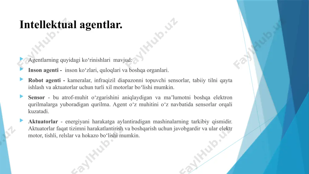 unyoda voqealar qanday sodir boʻlishi” haqidagi bilimdir, shuning uchun u modelga asoslangan agent deb ataladi. 2) ichki holat - bu idrok tarixiga asoslangan hozirgi holatning ifodasidir. ushbu agentlar “dunyoni bilish” modeliga ega va modelga asoslanib, ular harakatlarni amalga oshiradilar. agent holatini yangilash uchun quyidagilar haqida maʼlumot kerak: modelga asoslangan refleks agent strukturasi intellektual agent turlari maqsadga asoslangan agentlar - mavjud vaziyatni bilish har doim ham agentga nima qilish kerakligini hal qilish uchun yetarli emas. agent kerakli vaziyatlarni tavsiflovchi maqsadini bilishi kerak. maqsadga asoslangan agentlar “maqsad” maʼlumotlariga ega boʻlish orqali modelga asoslangan agentning imkoniyatlarini kengaytiradi. ular maqsadga erishish uchun harakatni tanlaydilar. ushbu agentlar maqsadga erishiladimi yoki yoʻqmi, hal qilishdan oldin mumkin boʻlgan harakatlar ketma-ketligini koʻrib chiqishlari kerak. maqsadga asoslangan refleks agent strukturasi intellektual agent turlari foydali dasturlarga asoslangan agentlar. ushbu agentlar maqsadga asoslangan agentga oʻxshaydi, lekin foydalilikni oʻlchashning qoʻshimcha komponentini ta’minlaydi, bu ularni ma’lum bir holatda muvaffaqiyat oʻlchovini ta’minlash orqali farq …