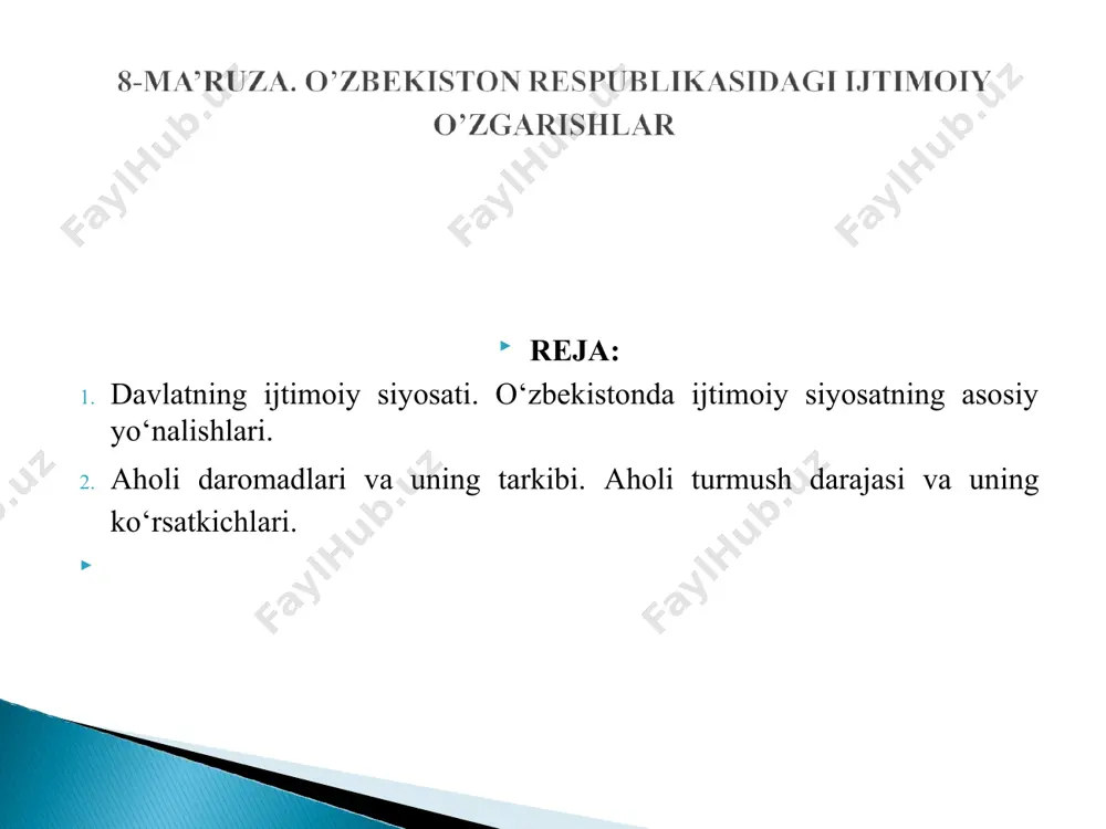 moddiy yordamlar faqat mahalla orqali etkazib beriladi. shu maqsadda mahallalarda byudjet mablag‘lari, korxona va tashkilotlar, tadbirkorlik tuzilmalari va ayrim fuqarolarning ixtiyoriy o‘tkazgan mablag‘lari hisobidan maxsus jamg‘armalar hosil qilindi. mustaqiilk yillarida ijtimoiy siyostning samarasi o’laroq hududlar kesimida va bir qator ijtimoiy sohalarda yangi marralarga erishildi. jumladan: - qoraqalpog‘iston respublikasi, xorazm viloyati, samarqand va buxoro, guliston, jizzax va qarshi shaharlarida aholini sifatli ichimlik suvi bilan ta’minlashni yaxshilash bo‘yicha yirik investitsion loyihalar amalga oshirildi; - qishloq joylarda 1,6 ming kilometrdan ortiq suv quvurlari va 710 kilometr gaz tarmoqlari foydalanishga topshirildi; - aholini ichimlik suvi bilan ta’minlash 84 foizga, shu jumladan, qishloq joylarda 77 foizga etdi; - tabiiy gaz bilan ta’minlash 82 foiz, qishloqlarda esa 77 foizgacha o‘sdi. ta’lim sohasida ham aniq maqsadli umummilliy ijtimoiy dasturlar amalga oshirilib, o‘tgan yil davomida quyidagi salmoqli natijalar qo‘lga kiritildi: - yangi qurilish va kapital rekonstruksiya qilish hisobdan eng zamonaviy o‘quv-laboratoriya va ishlab chiqarish asbob-uskunalari jihozlangan 169 ta …
