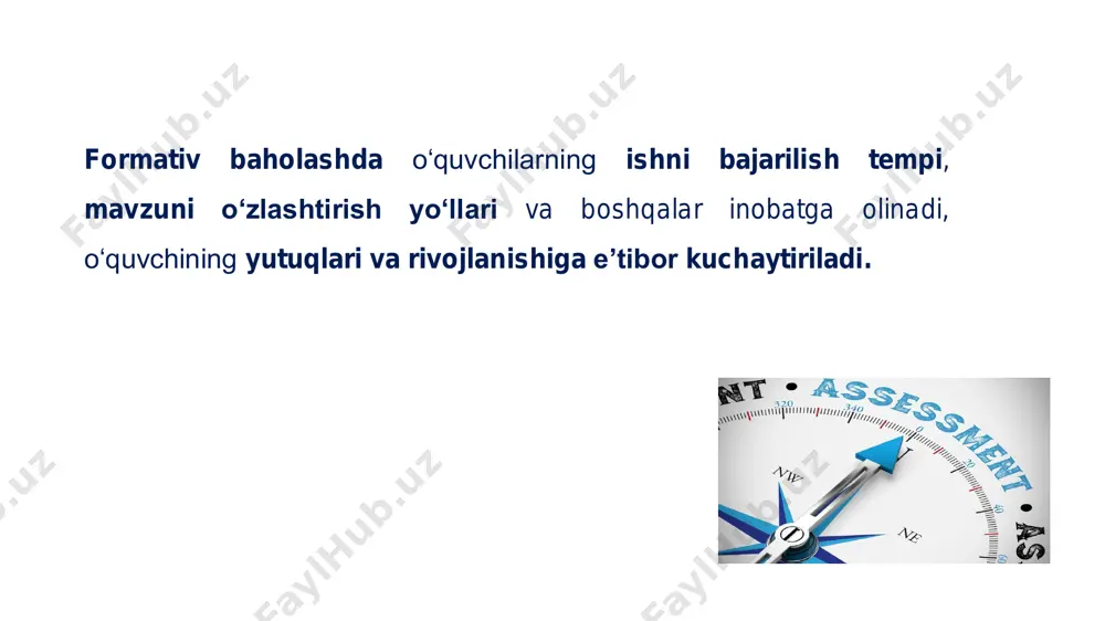 untazam qayd etib borish; • o‘quvchilar o‘zlashtirishidagi o‘zgarishlar dinamikasini kuzatib borish; o‘qituvchi quyidagilarga e’tibor qaratishi shart! • o‘qitish jarayonini yaxshilash uchun keyingi qadamlarni aniq belgilab olish; • o‘quv maqsadlari va mezonlarni belgilash, o‘zgartirish; • o‘quvchilarga o‘quv maqsadlarini belgilashga yordam berish; • bo‘shliqlarni to‘ldiradigan, bilim va ko‘nikmalarni rivojlantiradigan ko‘rsatmalarni ishlab chiqish va taqdim etish; o‘qituvchi quyidagilarga e’tibor qaratishi shart! • natijalarga asosan individual yoki jamoa bilan qo‘shimcha ishlashni amalga oshirish; • o‘rganishni oldinga siljitishga yordam beradigan sifatli vazifalarni ishlab chiqish; • o‘quvchilarga o‘z faoliyatining qayerini va qanday yaxshilashi haqida ma'lumot beradigan fikr-mulohazalarni taqdim etish (o‘quv maqsadlari va muvaffaqiyat mezonlariga asosan). o‘qituvchi quyidagilarga e’tibor qaratishi shart! 2 e’tiboringiz uchun rahmat!