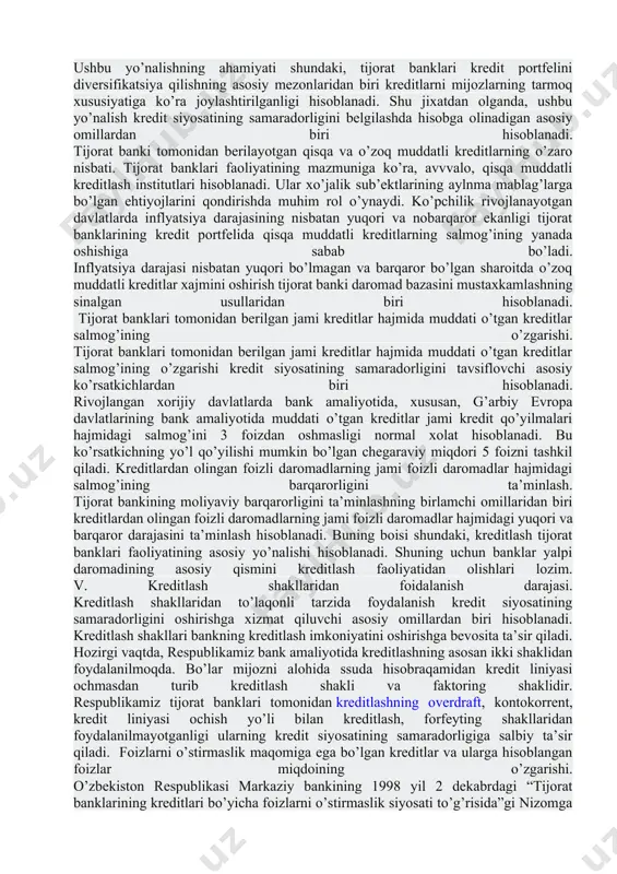 ish mumkin va shular hisobidan bankka foiz undirish osonroq amalga oshiriladi. qarzning qanday pul bilan berilishi erkin konvertirlangan valyutada yoki oddiy valyutada berilishi bilan izohlanadi. agar qarz erkin konvertirlangan valyutada berilsa, u holda foiz yuqori darajada belgilanadi. agar qarz oddiy valyutada berilsa, u holda foiz nisbatan past darajada belgilanadi. konvertirlangan pul obro‘li bo‘lganligi sababli undan foydalanish oson bo‘lib, undan tez furs’at ichida daromad olish mumkin bo‘ladi. inflyasiya darajasi qarzga berilgan pulning egasiga etib kelguniga qadar sotib olish quvvatini qisman yo‘qotishi bilan belgilanadi. qachonki, inflyasiya yuz bersa, qarzga berilgan pul uning egasiga qaytib kelgunga qadar o‘z qadrini qisman yo‘qotadi. bu holatda pulning egasi yutqazadi. shu sababli foiz stavkasi inflyasiya darajasini hisobga olgan holda belgilanadi. foiz stavkasi inflyasiya darajasining shiddatiga nisbatan to‘g‘ri mutanosiblikda o‘zgaradi. pullarni qarzga berishdan ko‘ra uni boshqa usulda foydalanishdan kelib tushadigan daromad pul egasining afzal ko‘rish tamoyiliga asoslanadi. agar aksiyadan ko‘rilgan dividend yuqori miqdorda bo‘lsa, u holda foiz stavkasi …