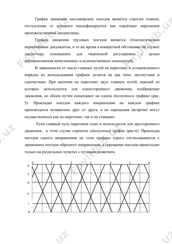 ного направления проложены один за другим с разграничением межстанционным перегоном и пакетными, когда поезда следуют на межпоездном интервале. пакетные графики применяют на участках, оборудованных автоблокировкой или полуавтоматической блокировкой с постами. если пакетами проложена только часть поездов, графики называются частично-пакетными. все типы графиков разделяются на две основные категории параллельные, у которых на каждом перегоне все поезда следуют с одинаковой скоростью, и непараллельные, когда скорость поездов различна. на железных дорогах снг, как правило, применяется непараллельный график. элементами графика движения поездов являются: времена хода поездов по перегонам, как «чистые», так и с учётом дополнительного времени на разгоны и замедления при остановках; стоянки поездов на станциях; станционные интервалы, т.е. интервалы между прибытием, проследованием и отправлением поездов по станциям в тех случаях, когда выполнение указанных операций не может совершаться одновременно; интервалы между поездами в пакете; нормы нахождения локомотивов на станциях основного и оборотного депо. элементы графика влияют на безопасность движения, пропускную способность, участковую скорость, оборот …