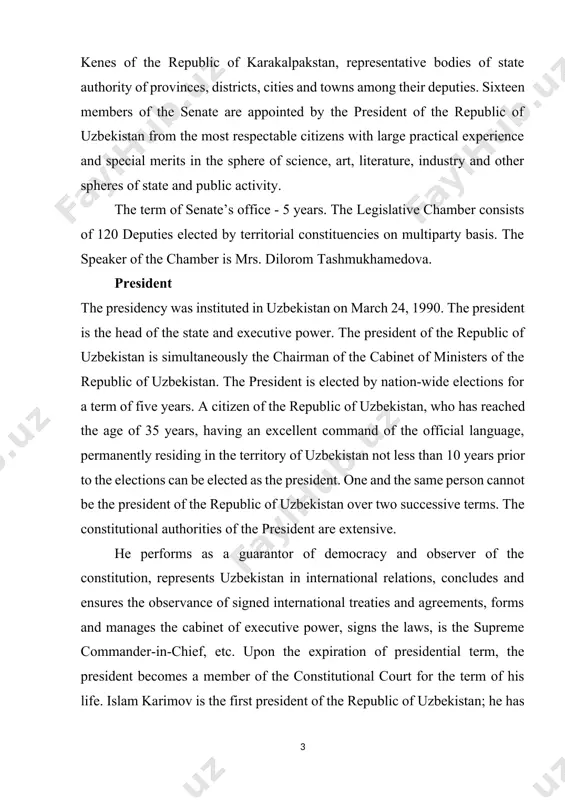 ublic of uzbekistan from the most respectable citizens with large practical experience and special merits in the sphere of science, art, literature, industry and other spheres of state and public activity. the term of senate’s office - 5 years. the legislative chamber consists of 120 deputies elected by territorial constituencies on multiparty basis. the speaker of the chamber is mrs. dilorom tashmukhamedova. president the presidency was instituted in uzbekistan on march 24, 1990. the president is the head of the state and executive power. the president of the republic of uzbekistan is simultaneously the chairman of the cabinet of ministers of the republic of uzbekistan. the president is elected by nation-wide elections for a term of five years. a citizen of the republic of uzbekistan, who has reached the age of 35 years, having an excellent command of the official language, permanently residing in the territory of uzbekistan not less …