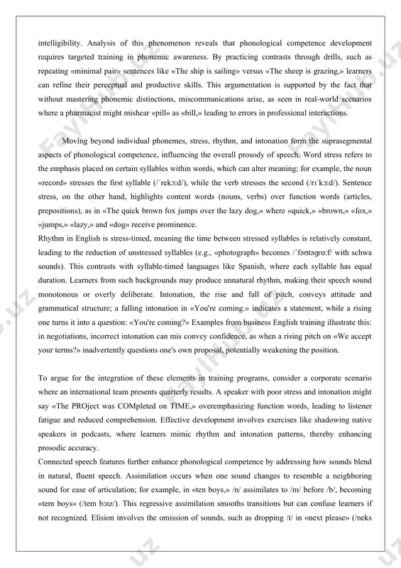 of speech. word stress refers to the emphasis placed on certain syllables within words, which can alter meaning; for example, the noun «record» stresses the first syllable (/ˈrekɔ:d/), while the verb stresses the second (/rɪˈkɔ:d/). sentence stress, on the other hand, highlights content words (nouns, verbs) over function words (articles, prepositions), as in «the quick brown fox jumps over the lazy dog,» where «quick,» «brown,» «fox,» «jumps,» «lazy,» and «dog» receive prominence. rhythm in english is stress-timed, meaning the time between stressed syllables is relatively constant, leading to the reduction of unstressed syllables (e.g., «photograph» becomes /ˈfəʊtəɡrɑ:f/ with schwa sounds). this contrasts with syllable-timed languages like spanish, where each syllable has equal duration. learners from such backgrounds may produce unnatural rhythm, making their speech sound monotonous or overly deliberate. intonation, the rise and fall of pitch, conveys attitude and grammatical structure; a falling intonation in «you're coming.» indicates a statement, …