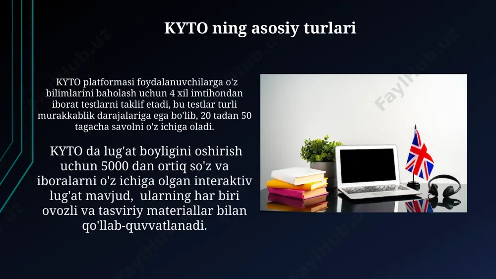 a asoslangan. ovozni tanib olish va nutq sintezi nutq sintezi dasturlari turli ohanglar va intonatsiyalarni taqlid qilish orqali 50 dan ortiq ovoz variantlarini taklif qiladi, ammo tabiiy nutqdan farq qilishi mumkin. ovozni tanib olish tizimlari 90% gacha aniqlik bilan 1000 ga yaqin so'z boyligini qamrab oladi, lekin dialektlar va shovqinlar ta'sirini hisobga olish kerak. kyto ning kamchiliklari kyto platformasida interaktivlik darajasi past, faqat 20% atrofida o'quv materiallari o'zaro ta'sirli elementlardan foydalanadi, bu esa o'rganish jarayonini zerikarli qilishi mumkin. ba'zi kyto funksiyalari, masalan, onlayn suhbat xonalari yoki o'qituvchi bilan real vaqtda aloqa o'rnatish imkoniyati, chegaralangan va faqat premium versiyalarida mavjud bo'lib, qo'shimcha 10-15$ xarajat talab qiladi. lug'at va grammatika qo'llanmalari "lug'at va grammatika qo'llanmalari" ko'pincha 5000 dan ortiq so'z va iboralarni, shuningdek, ularning tarjimalarini va misollarini o'z ichiga oladi, bu esa lug'at boyligini oshirishga yordam beradi. ba'zi "lug'at va grammatika qo'llanmalari" o'quvchilarning yutuqlarini kuzatish uchun, interaktiv testlar va progressiv o'quv rejalari …