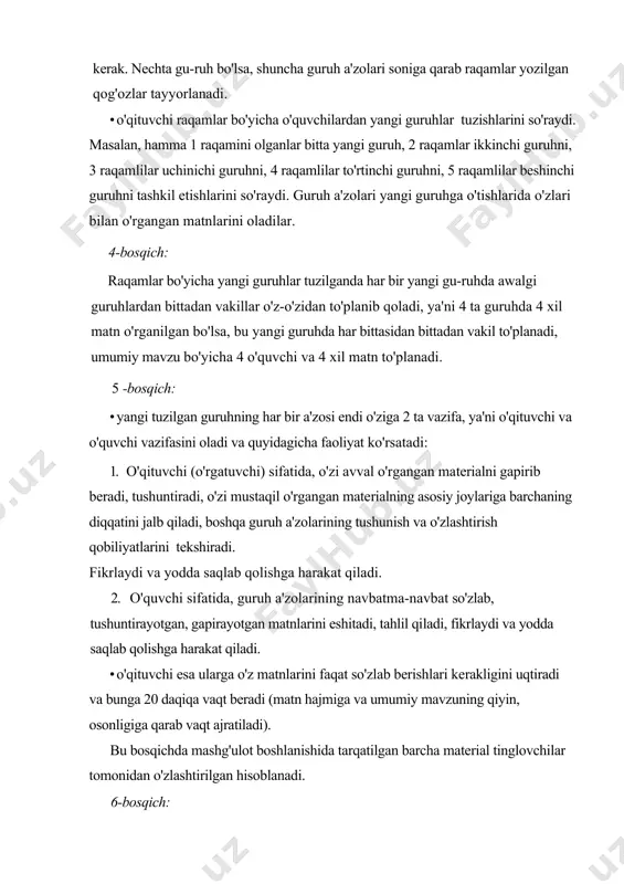 asini aniqlashga, mustahkamlashga yordam beradi. 7-bosqich: o'qituvchi barcha tinglovchilarni yana qaytadan awalgi joylari​ga qaytishni so'raydi, ya'ni hamma yana mashg'ulot boshlanishidagi gurahlariga qaytadilar. 8bosqich: o'qituvchi sinfdagi o'quvchilarning barchasi hammaga tarqa​tilgan yozma materiallar bilan tanish ekanliklari, ular haqida to'liq ma'lumotga ega bo'lganliklarini hisobga olgan holda sinfdagi har bir o'quvchidan xohlagan materialni so'rashi mumkinligini aytadi. 9-bosqich: tinglovchilarga tarqatilgan barcha materiallarni ular tomoni​dan qay darajada o'zlashtirilganligi darajasini aniqlash maqsadida o'qituvchi, yoki maxsus guruh, yoki opponent gurah tomonidan be-rilgan nazorat savollarga javoblarni reyting ballari orqali baholanishi tushuntiriladi, masalan, savollarga berilgan javoblar - agar to'liq javob bo'lsa - 3 ball, qo'shimcha qilinsa - 2 ball, o'tirgan joydan lu​qma tashlasa - 1 ball, javob berilmasa - 0 ball qo'yilishi belgilanadi. bahoni - to'liq javob uchun - 5 baho, qo'shimcha uchun - 4 baho, luqma tashlansa - 3 baho, javob bermasa - 2 baho, umuman ishtirok etmasa - 1 baho tarzida qo'yilishni belgilash mumkin. gurah a'zolarining javoblarini yuqorida …