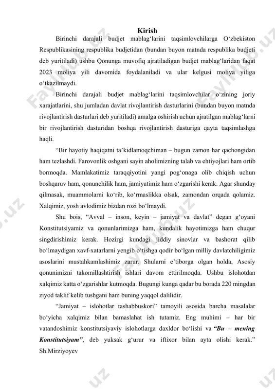 agi jiddiy sinovlar va bashorat qilib bo‘lmaydigan xavf-xatarlarni yengib o‘tishga qodir bo‘lgan milliy davlatchiligimiz asoslarini mustahkamlashimiz zarur. shularni e’tiborga olgan holda, asosiy qonunimizni takomillashtirish ishlari davom ettirilmoqda. ushbu islohotdan xalqimiz katta o‘zgarishlar kutmoqda. bugungi kunga qadar bu borada 220 mingdan ziyod taklif kelib tushgani ham buning yaqqol dalilidir. “jamiyat – islohotlar tashabbuskori” tamoyili asosida barcha masalalar bo‘yicha xalqimiz bilan bamaslahat ish tutamiz. eng muhimi – har bir vatandoshimiz konstitutsiyaviy islohotlarga daxldor bo‘lishi va “bu – mening konstitutsiyam”, deb yuksak g‘urur va iftixor bilan ayta olishi kerak.” sh.mirziyoyev birinchi darajali budjet mablag‘larini taqsimlovchilar o‘zbekiston respublikasi vazirlar mahkamasining (bundan buyon matnda vazirlar mahkamasi deb yuritiladi) qaroriga asosan respublika budjetidan ajratiladigan budjet mablag‘larining 10 foizgacha bo‘lgan cheklangan miqdorlarini qoraqalpog‘iston respublikasi budjetidan, viloyatlar va toshkent shahar mahalliy budjetlaridan moliyalashtiriladigan o‘z tasarrufidagi tashkilotlarga yo‘naltirishga haqli. vazirliklar va idoralarning ichki audit xizmati tegishli rivojlantirish dasturlarining samaradorligi natijalarini tahlil qiladi hamda tahlil natijalari to‘g‘risidagi hisobotlarni hisobot choragidan …
