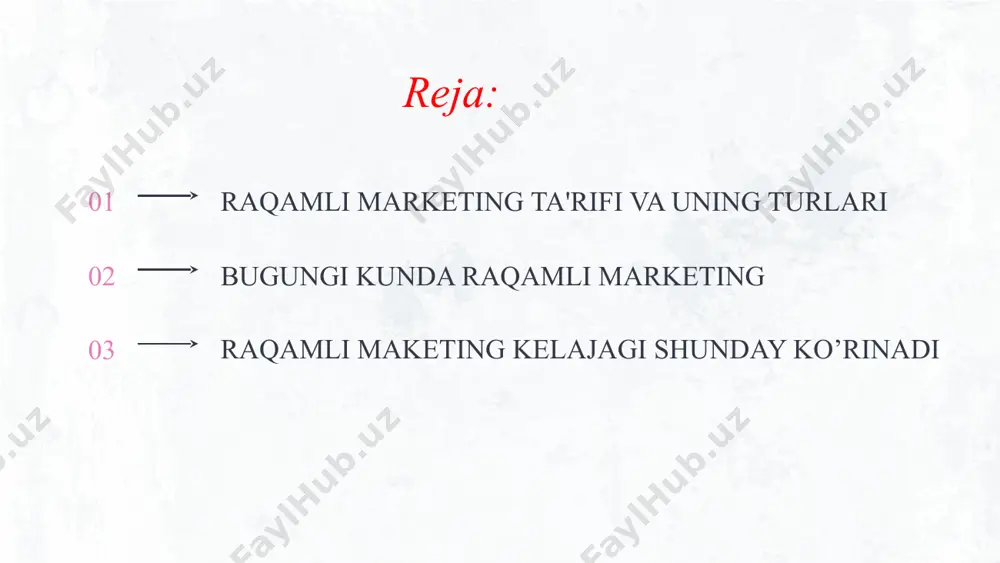 r bozorda barqaror qolishni istasalar, raqamli marketingni e'tiborsiz qoldira olmaydilar. dunyo tobora ko'proq bog'langan bo'lsa, raqamli marketing internetda innovatsiyalarni majburlashda davom etadi, xuddi internet raqamli marketingda yangilikni boshqaradi. raqamli maketing kelajagi shunday ko’rinadi kelajakda raqamli marketing faqatgina odamlarni saytingizga olib kirish uchun mo'ljallanmagan; bu sizning brendingiz atrofida mijozning kundalik hayotiga kirib boradigan "buzz" yaratish haqida bo'ladi. texnologiya sinfiyroq va mashinani o'rganish va sun'iy intellekt kabi yangi texnologiyalar bilan biz onlayn marketingda ham o'zgarishlarni ko'ramiz. bir marta biz ishlatgan narsa ertaga bo'lmaydi. facebook shon-shuhratini yo'qotishi va instagram o'sishi mumkin. chatbotlardan ko'proq foydalaniladi. kontent marketingi bumni ko'radi. elektron pochta xabarlari ko'proq shaxsiylashtiriladi. e’tiboringiz uchun raxmat please, keep this slide as attribution credits: this presentation template was created by slidesgo and includes icons by flaticon, infographics & images by freepik and content by eliana delacour image1.png image4.png image5.png
