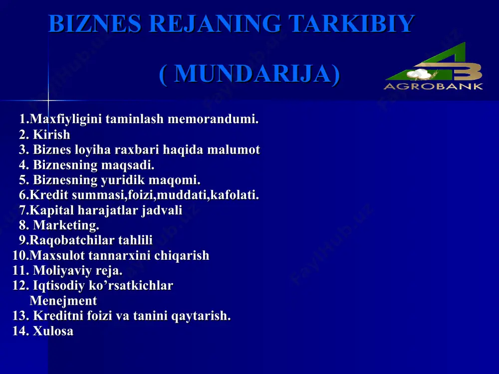 kreditlar ajratilmoqda. shundan foydalangan holatda men ham o’z biznesimni boshlash niyatida ushbu biznes loyihamni tuzdim. ushbu biznes loyihamda shisha hamda mar-mar qoldiqlaridan qayta ishlashdan foydalangan holda turli bayram hamda tug’ilgan kunlarga estalik sifatida ko’p xildagi suvenerlarni , estlikka kuldonlarni ishlab chiqarish ko’zda tutilgan. bu biznes loyihamda 8-ta ish o’rni yaratilmoqda. keyinchalik ushbu ish faoliyatimni kengaytirib 70%mahsulotni chiqindini qayta ishlash jaroyni bilan ishlab chiqarishni rejalashtirdim. qonunlar mijozlar faoliyatlar loyiha raxbari: . . . . . . . . . . . . . . “zamondosh zar-ziyo servis” m.ch.j raxbari. f.i.sh: . . . . . . . . . . . . . . . . . . . boymirzayev mubashsher baxodir o’g’li. tug’ilgan joyi: . . . . . . . . . . . . . . namangan shaxar “bo’ston” mfy shoximardon 8t 8- honadon. tug’ilgan sana . . . . . . . . . . . . …