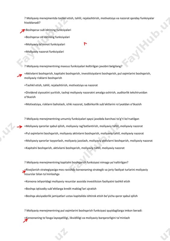 zorat =kapitalni boshqarish, aktivlarni boshqarish, moliyaviy tahlil, moliyaviy nazorat ? moliyaviy menejmentning kapitalni boshqarish funksiyasi nimaga yoʻnaltirilgan? =rivojlanish strategiyasiga mos ravishda korxonaning strategik va joriy faoliyat turlarini moliyaviy resurslar bilan ta’minlashga =korxona ixtiyoridagi moliyaviy resurslar asosida investitsion faoliyatni tashkil etish =boshqa iqtisodiy sub’ektlarga kredit mablagʻlari ajratish =boshqa aksiyadorlik jamiyatlari ustav kapitalida ishtirok etish boʻyicha qaror qabul qilish ? moliyaviy menejmentning pul oqimlarini boshqarish funksiyasi quyidagilarga imkon beradi: =korxonaning toʻlovga layoqatliligi, likvidliligi va moliyaviy barqarorligini ta’minlash shacsim_systems© стрелка shacsim_systems© стрелка shacsim_systems© стрелка shacsim_systems© стрелка shacsim_systems© стрелка shacsim_systems© стрелка =moliyaviy risklarni kamaytirish, qoʻshimcha kredit jalb qilish =aksiyadorlar va kompaniya oʻrtasidagi munosabatlarni samarali tashkil etish =biznes jarayonlarini rejalashtirish, moliyaviy risklarni taqsimlash ? korxonalarda moliyaviy strategiya ishlab chiqish, bu - =moliyaviy menejmentning funksiyasi =moliyaviy menejmentning vazifasi =moliyaviy menejmentning konsepsiyasi =moliyaviy menejmentning tamoyili ? korxonalarda moliyaviy qarorlar qabul qilish, bu - ... =moliyaviy menejmentning funksiyasi =moliyaviy menejmentning vazifasi =moliyaviy menejmentning konsepsiyasi =moliyaviy menejmentning tamoyili ? …