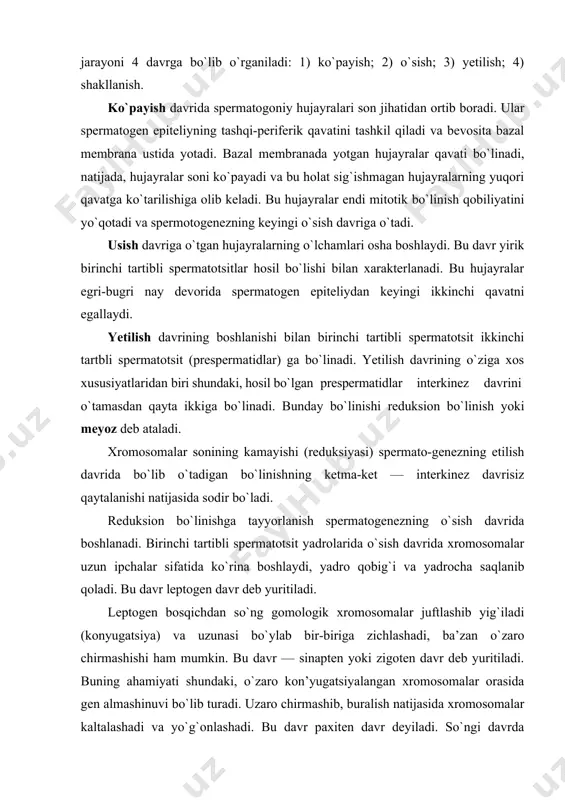 bosqichdan so`ng gomologik xromosomalar juftlashib yig`iladi (konyugatsiya) va uzunasi bo`ylab bir-biriga zichlashadi, ba’zan o`zaro chirmashishi ham mumkin. bu davr — sinapten yoki zigoten davr deb yuritiladi. buning ahamiyati shundaki, o`zaro kon’yugatsiyalangan xromosomalar orasida gen almashinuvi bo`lib turadi. uzaro chirmashib, buralish natijasida xromosomalar kaltalashadi va yo`g`onlashadi. bu davr paxiten davr deyiladi. so`ngi davrda kon’yugatlar o`zaro bog`langan holda qisman ajraladi va har bir xromosomalarda bo`ylama yoriq ko`rinadi — bu esa diploten davrdir. usish davrining oxiri i tartibli spermatotsitlar paydo bo`lishi bilan tugallanadi, so`ngra etilish davri boshlanadi. yetilish davrida ikkita ketma-ket bulinish kuzatiladi: birinchi bo`linish natijasida ii tartibli spermatotsitlar hosil bo`ladi. yetilish davridagi interkinez davri bo`lmaganligi uchun xromosomalar keyingi bo`linish uchun soni oshmagan (reduplikatsiyalanmagan) holatda o`tadi va ikkinchi tartibli spermatotsit bo`linishidan spermatidlar hosil bo`ladi. shakllanish yoki spermogenez. spermatidlar uncha yirik bo`lmagan yadroli yumaloq hujayralardir. shakllanish davrida spermatidlar qator morfologik o`zgarishlarga uchraydi: akrosoma xosil bo`ladi, proksimal va distal sentriolalar ajraladi, sitoplazmasi kuchli ravishda reduksiyaga …