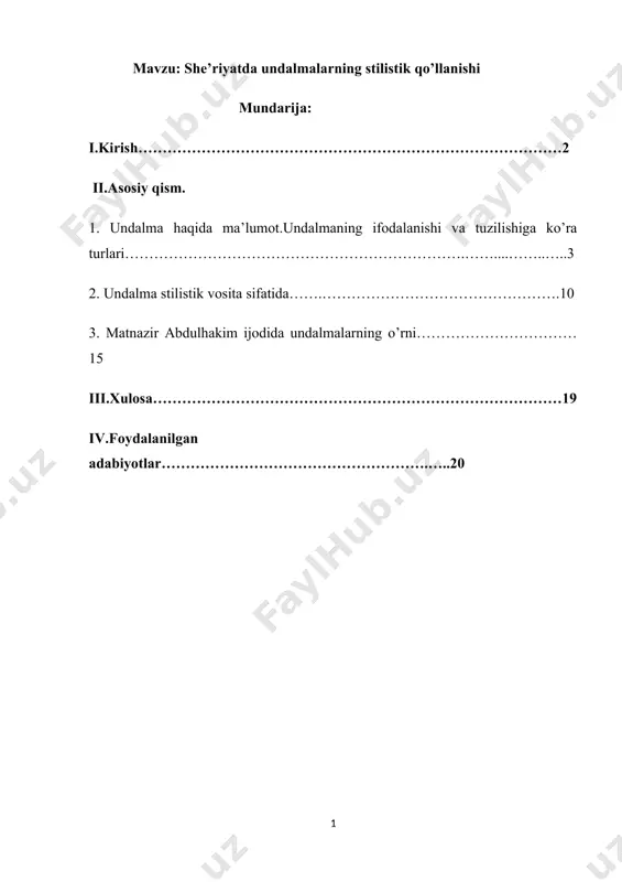 t.undalmaning ifodalanishi va tuzilishiga ko’ra turlari gapda ba`zan, gapning bo`lagi vazifasidagi so`zlardan tashqari, shunday so`z yoki so`zlar guruhi ham bo`ladiki, ular shu gapga mazmun jihatdan bog`lansa, grammatik jihatdan bog`lanmaydi. ular gap bo`lagi bo`la olmaydi, bu jihatdan grammatik bog`lanmaganlik jihatdangina "organizmga kirib qolgan voqeaga o`xshaydilar". (peshkovskiy). bunday so`zlar nutqda intonatsion jihatdan pauza (to`xtam) bilan ajralib turadi. gap bo`laklariga bog`lanmagan so`zlarning turli ko`rinishlari bor. masalan: tushunmadim, birodar men hech narsaga tushunmadim, - yigitali shunday deb o`grildi. hali bunaqasi bo`lmagan debdimi, demak, bo`lmagan. asadbek – yaralangan yo`lbars holidagi odam– kim o`q uzganini aniq bildi. (1-tom,197-b). gapning avvali shuki, sen u ishdan hijolat tortmagin, bolam. (2-t,165-b). bu misollardagi birodar, demak, yaralangan yo`lbars holidagi odam, gapning avvali shuki, bolam kabi so`zlar va gaplar ma`lum maqsadning ifodasi uchun asosiy gapga kiritilgandir. bu tipdagi so`zlarning bari undalamdadir. biz bu ishimizda badiiy asarlar tilida, ko`proq tohir malikning "shaytanat" asarida qo`llangan undalmalarni va ularning asarda tutgan o`rnini, tasviriy bo`yoqdorlikni …