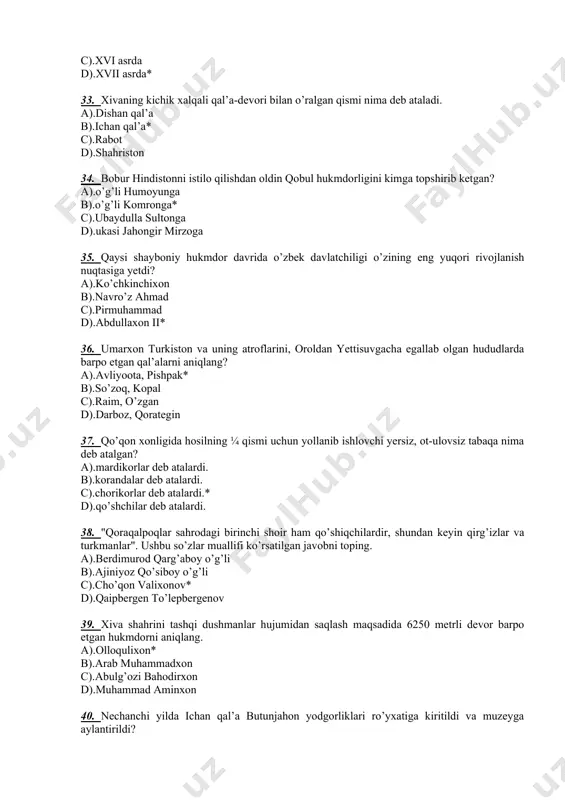 a).boburiylar saltanati* b).kushon saltanati c).anushteginlar davlati d).arab xalifaligi 45. boburning qaysi asarida o’sha zamon soliq tizimi, soliq yig’ishning qonun qoidalari bayon etilgan? a)."mubayyin"* b)."turkiy devon" c)."boburnoma" d)."arkoni devon" 46. 1713 yilda astraxanga xiva xonligidan kim elchi bo’lib borgan? a).ernazar ma’sud b).xoja nafas* c).muhammad ali d).xoja xaydar 47. rus hukmdori aleksandr i ning taxtga chiqishi bilan tabriklab, besh bosh arg’umoq tortiq etgan hukmdorni aniqlang. a).olimxon b).muhammad rahimbiy c).elto’zarxon d).amir xaydar* 48. xvi asr boshlarida turkiy xalqlar tarkibiga qo’shilgan etnik guruhni aniqlang? a).qoraqalpoqlar b).tojiklar c).qarluqlar d).o’zbeklar* 49. quyidagi hukmdorlardan qaysi biri shunchalik kuchli va epchil bo’lganidan ikki qo’ltig’iga ikki odamni olib qal’a devori ustida yugurib mashq qilgan? a).yuliy sezar b).zahiriddin muhammad bobur* c).jaloliddin manguberdi d).imperator konstantin 50. 1507 yilda shayboniyxon qo’shinlari tomonidan qaysi shahar egallangan? a).urganch b).hirot* c).balx d).toshkent 51. xiva xonligida sug’orilgan yerlar nima deb atalgan? a).adra b).ax’ya* c).vaqf d).amlok 52. samarqanddan buxoroga davlat poytaxtini qaysi ko’chmanchi o’zbeklar hukmdori ko’chirgan? a).shayboniyxon …