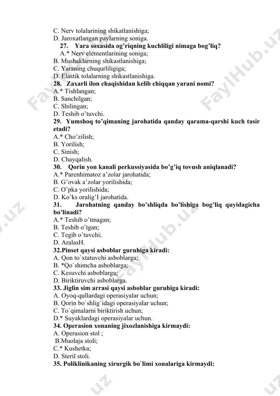 onlar uzatilish usuli: a. qo`lda uzatish; b. xaltachasi bilan uzatish; c.* ko`rsang yordamida uzatish; d.operasiya maydoniga qo`yish. 40. fyodorov qisqichi qaysi asboblar guruhiga kiradi: a. neyroxirurgik asboblar guruhiga kiradi; b. ko`krak qafasidagi operasiyalar uchun; c.* siydik-ajratish yo`llaridagi operasiyalar uchun; d. traheostomiya uchun. 41. to`gri ichakdagi operasiyalar uchun asboblar: a.* rektoromonoskop, rektal ko`zgu; b. raspator, rektal ko`zgu; c. ikki tishli ilmoq, ko`xer zondi; d. rektoskop, fyodorov. 42. patologik jarayonga ta'sir kilishga ko’ra operatsiyalarning qanday turlari bor? a.* palliative; b. simultan; c. gibrid; d. endoskopik. 43. operatsiya oldi davrining qanday bosqichlari bor? a.* operatsiyaga tayyorlash bosqichi; b. sanitar ishlovidan o’tish bosqichi; c. uyqu vaqtida dam olish bosqichi; d. bemorni operatsiya xonasiga transportirovka qilish bosqichi. 44. mexanik antiseptikaga nimalar kiradi? a. *yaraga birlamchi xirurgik ishlov berish; b. yara chetiga yod surtish; c. nurlash; d. yarani bog`lash. 45. fizik antiseptikaga nimalar kiradi? a. *drenajlash; b. malham qo'yish; c. qon to'xtatish; d. yarani tikish. 46. …