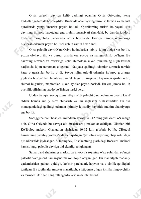o‘zgardi va u hozirgi davrdagiga ancha o‘xshab qolgan edi. muzlikning chekinishi o‘rta osiyoda haroratning ko‘tarilishiga hamda hayvonot va o‘simlik dunyosida ham o‘zgarishlar yuz berishiga olib keldi. bu davrda odamlar o‘q-yoyni kashf etdilar. eng katta yutuqlardan yana biri yovvoyi hayvonlar – it, qo‘y, echki kabilarning qo‘lga o‘rgatila boshlanib, xonakilashtirilishidir. mezolit davriga kelib o‘rta osiyoning ba’zi joylarida termachilikdan dehqonchilikka va ovchilikdan chorvachilikka o‘tishning ilk kurtaklari paydo bo‘la boshladi. o‘rta osiyo tarixida neolit davrining (yangi tosh asri) yuqori chegarasi miloddan avvalgi vii, quyi chegarasi v-iii ming yilliklar bilan belgilanadi. bu davr o‘rta osiyoda uchta: joytun, kaltaminor va hisor madaniyatlarining rivojlanishi bilan izohlanadi. joytun makoni turkmanistonning ashxobod shahridan 25 km.shimoldagi tepalikda joylashgan bo‘lib, bir necha uydan tashkil topgan. har bir uyda 5-6 kishidan iborat oila yashagan. joytun qishlog‘ida 30 ga yaqin uy bo‘lib, ularda 150-180 kishi istiqomat qilgan, degan farazlar bor. joytunliklar miloddan avvalgi vi-v ming yilliklarda yashab, asosan dehqonchilik, chorvachilik, qisman esa ovchilik …