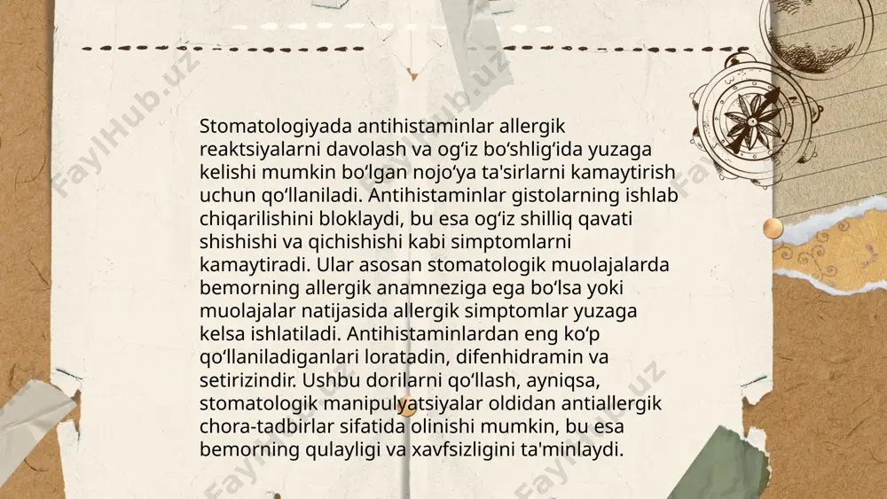 atolog kandidoz, gingivit yoki stomatit kabi kasalliklar ham allergik reaktsiyalarni qo'zg'atishi mumkin. ular antihistamin vositalar, kortikosteroidlar yoki epinefrin kabi preparatlar yordamida nazorat qilinishi mumkin. allergiyaga qarshi vositalarni qo‘llash bemor xavfsizligini ta’minlaydi va davolash jarayonini samarali o‘tkazishga yordam beradi. shu tariqa, stomatologik muolajalar paytida xavfsizlik darajasini oshirish uchun muhim rol o'ynaydi. allergiyaga qarshi vositalar stamatalogiyada qoʻllanilishi sardor e'tiboringiz uchun raxmat! image1.png image2.png image3.png image4.png image5.png /docprops/thumbnail.jpeg