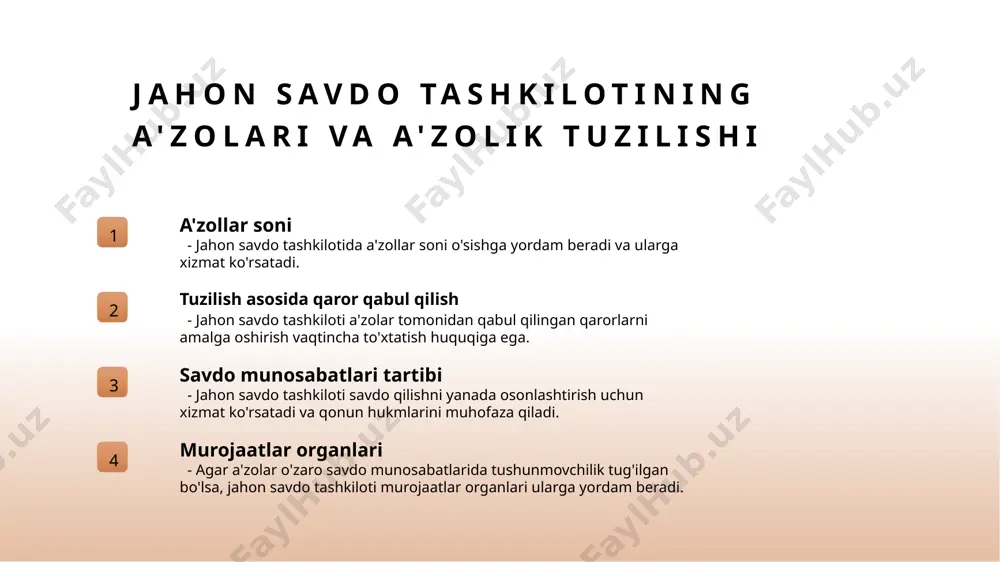 iyotlarini ko'paytirishdir. savdo aniqlovchi a'zolar va ularning rolasi savdo aniqlovchi a'zolar, mamlakatlar o'rtasidagi savdo faoliyatini tartibga solishda ahamiyatga ega. ularning roli, xalqaro savdo tartibini mustahkamlashda katta hissa o'z ichiga oladi. photo by firmbee.com on unsplash xalqaro savdo tashkiloti a'zolari bilan hamkorlik sohasi 1 xalqaro savdo tashkiloti ro'yxati xalqaro savdo tashkiloti (wto) a'zolari davlatlar o'rtasida savdo qoidalari bilan shug'ullanadi va dunyo bo'ylab savdoni rivojlantirishga yordam beradi. 2 savdo huquqlari himoyasi xalqaro savdo tashkiloti a'zolari o'rtasida huquqiy muomalalar va savdo tartibotlarini himoyalash uchun faoliyat ko'rsatadi va afzal savdo imkoniyatlarini ta'minlaydi. 3 savdo maslahatlashuvlari xalqaro savdo tashkiloti a'zolari o'rtasida savdo maslahatlashuvi olib borish orqali o'zaro fikr almashish va kelajakdagi savdo munosabatlarni shakllantirish uchun qo'llaniladi. xulosa asosiy maqsadlar jahon savdo tashkilotining asosiy maqsadi - dunyo miqyosidagi savdo qoidalarini amalga oshirish va a'zolarning iqtisodiy hamkorlikni kuchaytirishdir. a'zolik tuzilishi jahon savdo tashkilotining a'zolik tuzilishi - har bir a'zoning o'z maqsad va vazifalari bo'yicha tuzilgan holda faoliyat …
