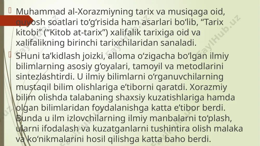 r forobiy o‘rta asr davri ilm – fani taraqqiyotiga katta hissa qo‘shgan olim, forobiy tabiiy, ilmiy va ijtimoiy bilimlarning barcha sohalarida ilmiy ish olib borgan. forobiy o‘zidan keyin juda boy ilmiy meros qoldirgan. falsafa, musiqa, filologiya va boshqa tabiiy, ilmiy bilimlarning turli sohalarida asarlar yaratgan forobiy inson baxt – saodatga erishuvi uchun ularni baxtli – saodatli qila oladigan jamoa rahbari bo‘lishi kerak deydi. u fozil shaharni boshqaradigan hokim tabiatdan: 1 – sog‘ – salomat bo‘lib, o‘z vazifasini bajarishda hech qanday qiyinchilik sezmaligi; 2 – tabiati nozik, farosatli; 3 – xotirasi mustahkam, 4 – zehni o‘tkir, 5 – o‘z fikrini tushuntira oladigan notiq, 6 – bilim-ma’rifatga havasli, 7 – taom yeyishda, ichimlikda, ayollarga yaqinlik qilishda ochofat emas, aksincha, o‘zini tiya oladiga bo‘lishi (qimor yoki boshqa o‘yinlardan) zavq, huzur olishdan uzoq bo‘lishi, 8 - haq va haqiqatni, odil va haqgo‘y odamlarni sevadigan, yolg‘onni va yelg‘onchilarni yomon ko‘radigan, 9 – o‘z qadrini biluvchi …