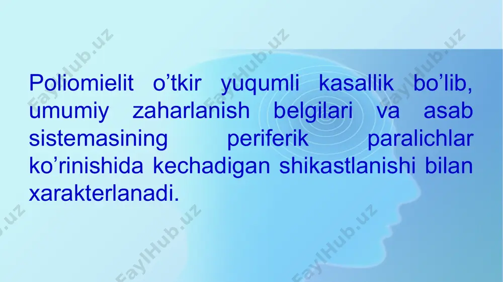 ga tashlash, qo’llarga suyanib o’tirish kabi majburiy holatlar uchraydi. aksariyat holatlarda meningial belgilar musbat bo’ladi. mushaklar tortilishi, qo’l va oyok ning dirrilashi, harakat notinchligi ham xosdir. ko’p hollarda nistagm kuzatiladi. orqa miya kanali punktsiya qilinganda orqa miya suyuqligi baland bosim bilan chiqadi, rangi tiniq bo’lib limfotsitoz kuzatiladi. likvorda qand miqdori ortadi. paralich oldi davri 3-5 kun davom etib oxrigi kunlarda tana harorati me'yorlashadi. paralichlar davri. me'yoriy harorat vaqtida to’satdan paralich kuzatilishi xos bo’lib, ayrim hollarda tana haroratining qaytadan ko’tarilishi bilan kuzatiladi. ko’prok oyok mushaklari zararlanib ayrim hollarda qo’l, bo’yin, tana mushaklari zararlanadi. shikastlangan qismda tonus pasaygan, fiziologik bog’lamlar reflekslari chaqirilmaydi (arefleksiya), shikastlangan qismlar terisi sovuq, ok ish sianotik bo’lib, atrofiya va osteoporoz kuzatiladi. bulbar shakli og’ir shakllardan bo’lib yutish, nutq va nafas olishga xos etishmovchiliklar kuzatiladi. yuqori harorat va kuchli bosh og’rig’i qayd qilinishi bilan namoyon bo’ladi. kasallikning birinchi kunidan nevrologik belgilar nistagm, yutishga qiyinlashish, suyuq ovqatning burunga tushishi, nutqning …