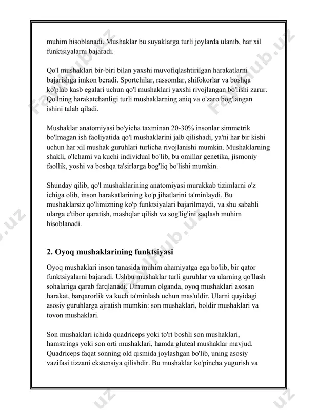 ng ustki qismlari bilan ham kelishilgan bo'lib, ularsiz harakatlanish imkoniyati ancha cheklanadi. mushaklarning maxsus mashqlar yoki jismoniy faoliyat orqali rivojlanishi ularning quvvatini oshirishga va charchashni kamaytirishga yordam beradi. shu sababli, oyoq mushaklarining funktsiyasi nafaqat jismoniy faoliyatda, balki kundalik hayotda ham katta ahamiyatga ega. 3. qo'l mushaklarini kuchaytirish mashqlari 3. qo'l mushaklarini kuchaytirish mashqlari qo'l mushaklarini kuchaytirish uchun turli xil mashqlar mavjud. bu mashqlar qo'l va yuqori tana mushaklarini rivojlantirish, kuch, chidamlilik va shakllantirish uchun xizmat qiladi. quyida ba'zi asosiy mashqlar va ularning bajarilishi haqida ma'lumot beriladi. 1. **push-up (o'rin bosish)** push-up — bu qo'l, ko'krak, yelka va abs mushaklarini rivojlantirish uchun juda samarali mashq. yerdan orqa bilan tekis turishingiz kerak, qo'llar yelka kengligida joylashtiriladi, keyin tanani pastga tushirib, qayta ko'tariladi. push-up qanchalik chuqur bajarilsa, shunchalik samarali bo'ladi. ideal ravishda 3 to'plam (set) va har birida 10-15 rep (takror) bajarish tavsiya etiladi. 2. **dumbbell curl (gantel ko'tarish)** bu mashq biceps mushaklarini …