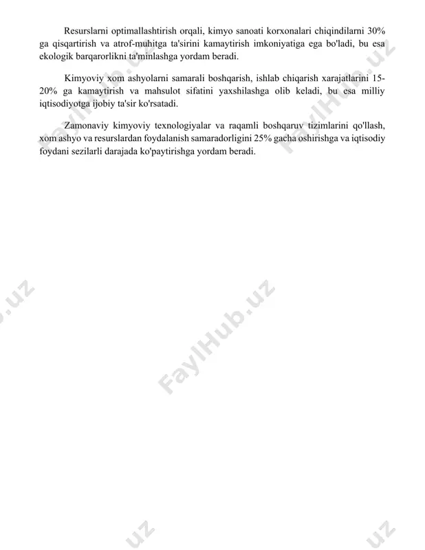bu oziq-ovqat va farmatsevtika sanoatining rivojlanishiga hissa qo'shadi. kimyoviy xom ashyo va resurslarni boshqarish resurslarni optimallashtirish orqali, kimyo sanoati korxonalari chiqindilarni 30% ga qisqartirish va atrof-muhitga ta'sirini kamaytirish imkoniyatiga ega bo'ladi, bu esa ekologik barqarorlikni ta'minlashga yordam beradi. kimyoviy xom ashyolarni samarali boshqarish, ishlab chiqarish xarajatlarini 15-20% ga kamaytirish va mahsulot sifatini yaxshilashga olib keladi, bu esa milliy iqtisodiyotga ijobiy ta'sir ko'rsatadi. zamonaviy kimyoviy texnologiyalar va raqamli boshqaruv tizimlarini qo'llash, xom ashyo va resurslardan foydalanish samaradorligini 25% gacha oshirishga va iqtisodiy foydani sezilarli darajada ko'paytirishga yordam beradi. 📌xulosa kimyo sanoat rivojlanishi va milliy iqtisodiyot uchun juda muhim ahamiyatga ega, chunki u yangi materiallar, texnologiyalar va samarali ishlab chiqarish jarayonlarini yaratishga asos bo'ladi. kimyo sanoati mamlakat iqtisodiy o'sishini ta'minlashda hal qiluvchi rol o'ynaydi. 📚foydalanilgan adabiyotlar 1. kimyo sanoat rivojlanishida va milliy iqtisodiyotdagi ahamiyati. (kimyo sanoati rivojining iqtisodiy jihatlari haqida maqola yoki kitobdan olingan ma’lumot.) 2. sanoatda kimyoviy jarayonlarni qo‘llashning iqtisodiy samaradorligi. …