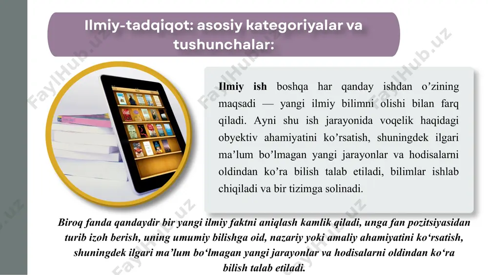 armoqlar, tarmoqlar, milliy iqtisodiyotlar va hokazo) tajribasini boshqa tashkilotlarda (kichik tarmoqlar, tarmoqlar, milliy iqtisodiyotlar va hokazo) foydalanish imkoniyatlarini va maqsadga muvofiqligini koʼrsatish. sifatli bajarish sharti – amaliyotni yaxshi bilish. amaliyotga tegishli tavsiyalarni berish maqsadida yangi yoki nisbatan yangi iqtisodiy muammolarning ilmiy ishlab chiqilishi. qoʼyilgan savollarga javoblar adabiyotlarda yoʼq, amaliyot esa zarur tajribani endi orttirayapti, bu tadqiqotchidan yuksak nazariy tayyorgarlik, amaliyotni yaxshi bilish, yangi gʼoyalarni ilgari surishda jasorat talab qiladi. ilmiy tаdqiqot ishlаrining turlаri ilmiy tadqiqot ishlari (iti) oʼz maqsadiga, tabiat yoki sanoat bilan bogʼliqlik darajasi va ilmiy chuqurligiga koʼra uchta asosiy turga ajratiladi: fundamental (nazariy), amaliy va ishlanma. 01 02 03 fundamental (nazariy), amaliy ishlanma. fundamental (nazariy) tadqiqotlar atrof borliqdagi yangi qonunlarni ochishga, hodisalararo aloqalarni aniqlashga, yangi nazariya va tamoyillar yaratishga yoʼnaltiriladi. ular ijtimoiy bilimni kengaytirishga, tabiat qonunlarini yanada chuqurroq anglashga imkon beradi. bu tadqiqotlar fanning ichida ham, ijtimoiy ishlab chiqarishda poydevor va asos (fundament) hisoblanadi. аmaliy tadqiqotlarning ilmiy negizi …