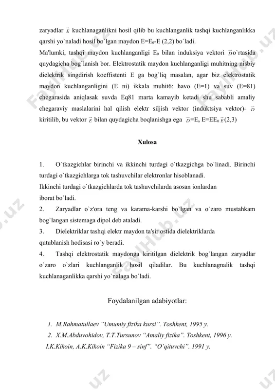 o`tkazgichlar va diеlеktriklar. diеlеktriklarda elеktr maydon kuchlanganligi - Page 4