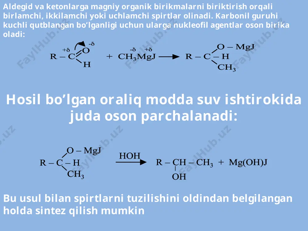 favorskiy o’rgangan uch atomli spirtlar olinishi va xossalari uch atomli spirtlarning birichi vakili glitserin hisoblanadi. glitserin sanoatda yog’ va moylardan, propilen yoki atsetilendan foydalanib olinadi. yog’ va moylardan glitserin quyidagicha olinadi: bu yerda r’, r’’, r’’’ = -c15h31; -c16h33; -c17h35. yog’lar gidrolizi ishqor ishtirokida olib borilganda yuqori, yog’ kisotalarining natriyli tuzi – sovun hosil bo’lganligi uchun bu jarayonni sovunlanish deb qabul qilingan. propilendan glitserin olish quyidagi bosqichlar orqali sodir bo’ladi: a) propilenni yuqori haroratda xlorlash. bu jarayon radikal almashinish mexanizmi bo’yicha borib, xlor qo’shbog’ning uzulishi hisobiga birikmay, balki propilendagi metil guruhi vodorodi xlor bilan almashinadi: b) allilxlorid gidrolizi: v) allil spirtiga gidroxlorid kislotaning birikishi va hosil bo’lgan moddaning gidrolizi glitserinni allil spirtiga vodorodperoksid biriktirib ham olish mumkin: r – br hoh naoh r – oh + hbr r – oh + nabr r – br hoh naoh r – oh + hbr r – oh + nabr r – ch …