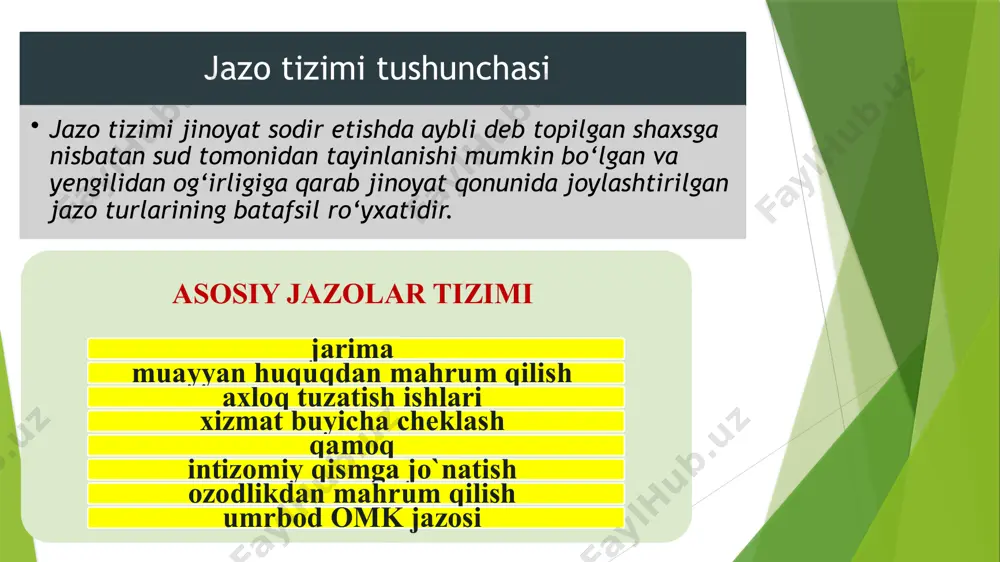 hun hukm qilingаnidа sud hukmi bilаn mаzkur unvondаn mаhrum qilinishi mumkin. 265-модда. халқаро учиш қоидаларини бузиш рухсатномада кўрсатилган учиш йўналишига, қўниш жойларига, ҳаво дарвозаларига, учиш баландлигига риоя қилмаслик ёки халқаро учиш қоидаларини бошқача тарзда бузиш — энг кам ойлик иш ҳақининг эллик бараваригача миқдорда жарима ёки беш йилгача муайян ҳуқуқдан маҳрум қилиш ёки уч йилгача ахлоқ тузатиш ишлари ёхуд олти ойгача қамоқ билан жазоланади. муайян ҳуқуқдан маҳрум қилиш жазоси асосий жазо чораси сифатида кўрсатилган 210-модда. пора олиш пора олиш, яъни мансабдор шахснинг ўз хизмат мавқеидан фойдаланган ҳолда содир этиши лозим ёки мумкин бўлган муайян ҳаракатни пора бераётган шахснинг манфаатларини кўзлаб бажариши ёки бажармаслиги эвазига шахсан ўзи ёки воситачи орқали қонунга хилоф эканлигини била туриб, моддий қимматликлар олиши ёхуд мулкий наф кўриши — энг кам ойлик иш ҳақининг эллик бараваридан юз бараваригача миқдорда жарима ёки муайян ҳуқуқдан маҳрум этилган ҳолда беш йилгача озодликдан маҳрум қилиш билан жазоланади. 259-модда. ёнғин хавфсизлиги қоидаларини …