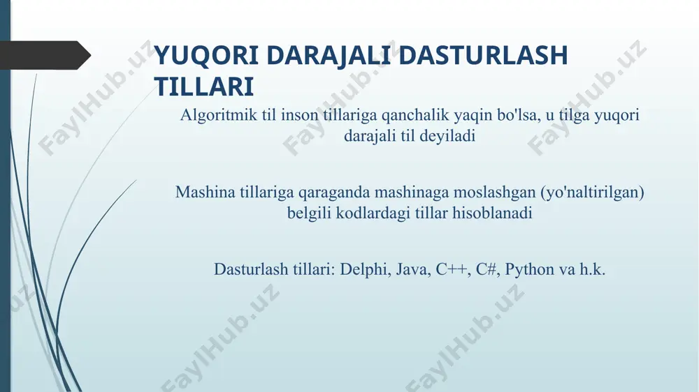 aviy bo’lishi lozim. nazorat savollari: dasturlash tillari necha guruhga bo’linadi? quyi darajali dasturlash tillariga kiruvchi dasturlash tillari qaysi? yuqori darajali dasturlash tillariga kiruvchi dasturlash tillari qaysi? hozirda, amaliy dasturlar tuzishda keng foydalaniladigan tillarni yoriting. ob’yektga yo’naltirilgan dasturlash nima? ob’yekt, sinf tusushunchalarini yoriting. ob’yektga yo’naltirilgan dasturlashning asosiy hususiyatlari. inkapsulyatsiya nima? vorislik nima? polimorfizmga ta’rif bering. ob’yekli algoritm va uning talablarini yoriting. ob’yektlarning xususiyatlari qanday usullarda ko’rsatiladi. e’tiboringiz uchun raxmat! image1.png image2.png image3.emf image4.emf dasturlashdagi obyekt. eslatma: ob’yektlar o’zlarining barcha xarakteristika va hulqlarining o’ziga hos tomonlarini birgalikda saqlaydi. ta’rif. ob’yektli algoritm deb qo’yilgan masalani to’la hal qilish uchun zarur bo ’lgan ob’yektlarning hususiyatlarini o ’zgartirish uchun ijrochining bajarishi talab qilingan amall ar va metodlar ketma-ketligining qat’iy tartibiga aytiladi. ob’yekli algoritm qurish uchun uning qanday hususiyatlarga ega ekanligi hamda ana shu hususiyatlar ustida bajarish mumkin bo ’lgan amallarni bilish lozim. hususiyatlar va ularning qiymatlari bir-biridan “.” (nuqta) belgisi yordamida ajratib ko ’rsatiladi. 1-misol. …