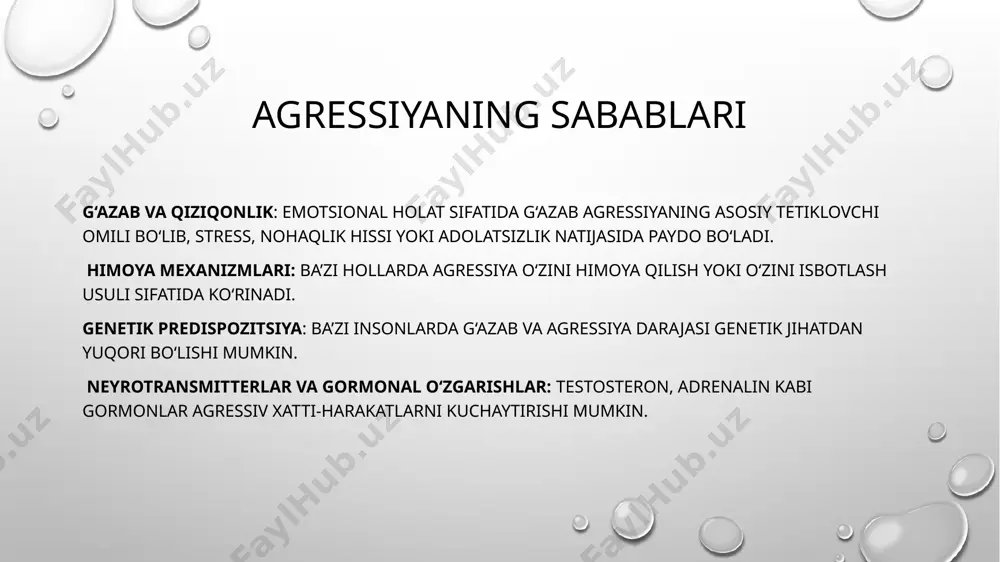 hda eng muhim omillardan biridir. mavjud tajribalarni yanada chuqurlashtirish, statistik va empirik ma’lumotlar asosida yangi yondashuvlar ishlab chiqish orqali, agressiya va zo‘ravonlikning oldini olish strategiyalarini yanada samarali qilish mumkin. foydalanilgan adabiyotlar https://uz.wiktionary.org/wiki/agressiya https://uz.wiktionary.org/wiki/agressiya https://gendermadad.uz/oz/document/2469 https://soff.uz/product/psixologiya-agressiya-va-zoravonlik https://inlibrary.uz/index.php/new-uzbekistan/article/view/32386/33044 https://lex.uz/uz/docs/-4494709?ondate=21.04.2021 https://www.interscience.uz/index.php/home/article/download/1055/884 image2.png image3.png image4.png image5.jpg image1.png /docprops/thumbnail.jpeg