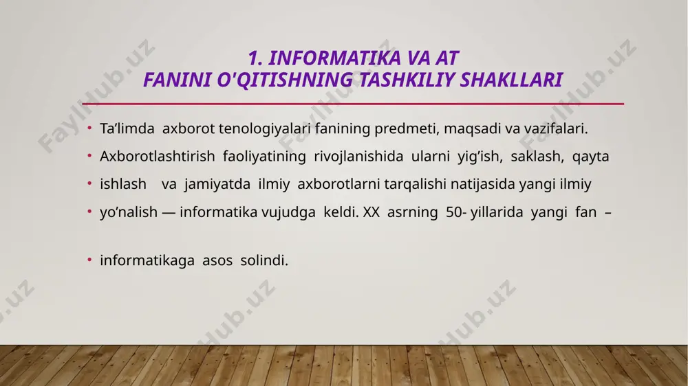 on faoliyatining turli sohalarida axborotlarni izlash, to'plash, saqlash, qayta ishlash va undan foydalanish masalalari bilan shug'ullanuvchi fandir. qisqa qilib aytganda, informatika kompyuter texnikasi asosida axborotlar ustida bajariladigan amallar va ularni qo'llash usullarini o'rganadigan fandir.emak, informatika uchun asosiy ashyo – axborot. u informatika fanida asos tushuncha sifatida qabul qilingan. 2 .informatika va at fanini o'qitishning tashkillashtirish xxi asr axborot asri, axborot texnologiyalari asri ekanligi barchamizga ma’lum, bu asrda savodxon kishi bo’lish uchun avvalo kompyuter savodxoni bo’lish, axborot texnologiyalarini puxta egallamoq lozim. har bir mutaxassis, u qaysi sohada ishlashidan qat’iy nazar, o’z vazifasini zamon talabi darajasida bajarishi uchun axborotga ishlov beruvchi vositalarni, ularni ishlatish uslubiyotini bilishi va ularda ishlash ko’nikmasiga ega bo’lishi zarur. shu sababli bugungi kunda mustaqil respublikamizda ta’lim sohasida amalga oshirilayotgan tub islohotlarning mazmun-mohiyati, maqsadi va vazifalari aniq belgilab olingan. jumladan, "kadrlar tayyorlash milliy dasturi"da "kadrlar tayyorlash tizimi va mazmunini mamlakatning ijtimoiy va iqtisodiy taraqqiyoti istiqbollaridan, jamiyat ehtiyojlaridan, fan, madaniyat, …