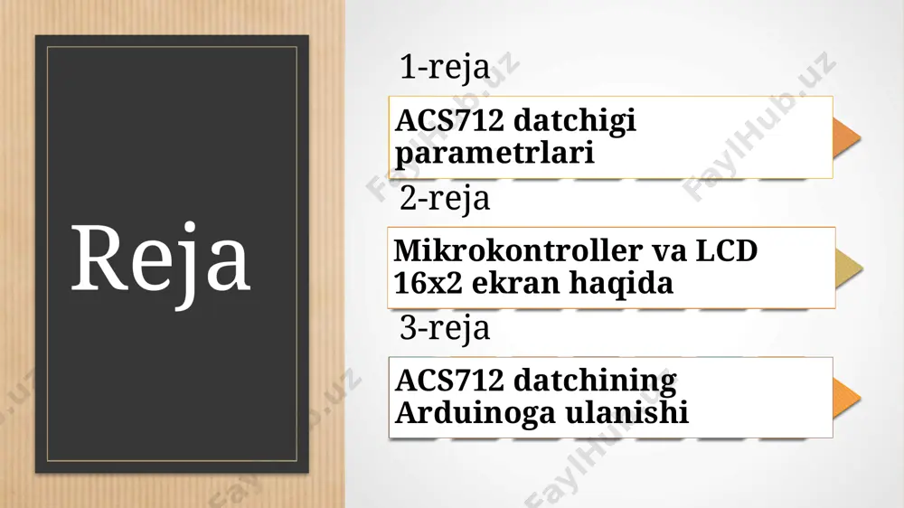 irligi: acs712 5a: 185mv / a; acs712 20a: 100mv / a; acs712 30a: 66mv / a; acs713 20a: 185mv / a; acs713 30a: 133 mv/a. ta'minot kuchlanishi +5,0 v; iste'mol oqimi 11ma dan oshmaydi; joriy shinaning qarshiligi 1,2 mω; ish harorati -40°c...+85°c; hajmi 31 mm x 13 mm. arduino uno - bu kontroller atmega328 mikrokontrolleri asosida yaratilgan bo‘lib, platforma 14 ta raqamli kirish/chiqish, (ulardan 6 tasi kim(широтно-импульсная модуляция) sifatida foydalanish mumkin), 6 analog kirish, 16mgsli kvarsli generator, usb porti, kuchlanish porti, icsp porti va qayta yuklash tugmasidan iborat . ulanish acs712 oqim sensori arduino platasiga acs712 ni arduino platasiga ulash uchun 3 ta sim ishlatiladi: vcc-quvvat (mos yozuvlar kuchlanishi 5v); gnd- yer; out-signal (arduino kontrollerining analog piniga ulangan). oqimni o'lchash uchun sensor quvvat manbai va yuk o'rtasidagi kontaktlarning zanglashiga ulanadi. lcd - bu turli xil ma'lumotlarni namoyish qilish uchun elektron qurilma. agar biz lcd 16x2 haqida gapiradigan bo'lsak, bunday ekranlar …